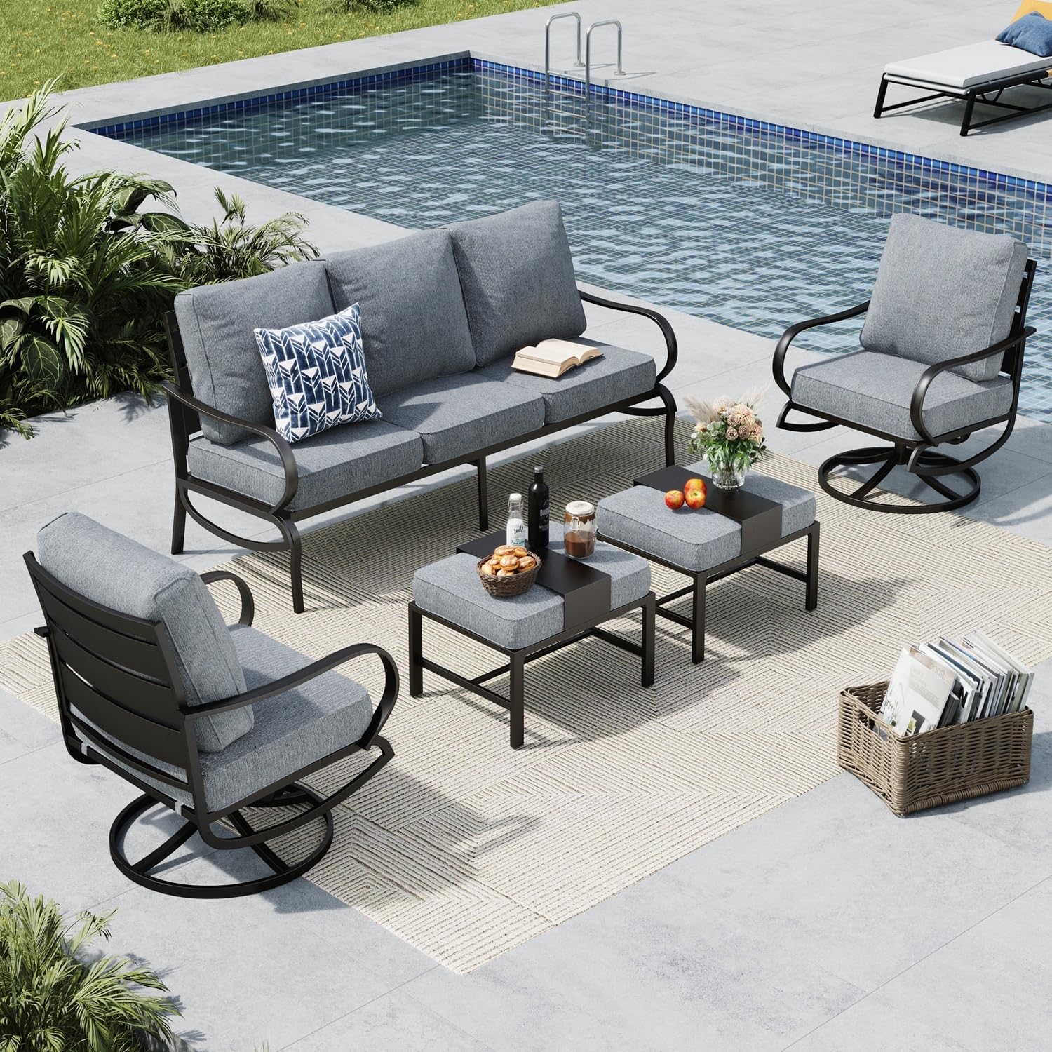 MFSTUDIO 5 Pieces Patio Conversation Sets,Outdoor Metal Furniture Sofas with 1 x 3-Seat Sofa, 2 x Swivel Chairs,2 x Ottoman,Wrought Iron Frame with Grey Cushion for Patio Courtyard Balcony