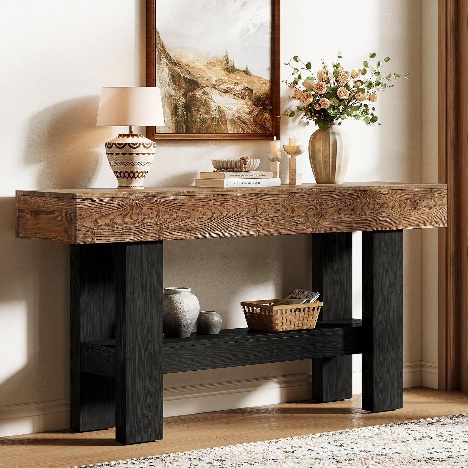 Solid Wood Black Console Table for Entryway, 63-Inch Long Narrow Sofa Table Behind Couch with Storage Shelf for Living Room, Hallway, Foyer, Entrance, Front Door, Rustic Brown + Black