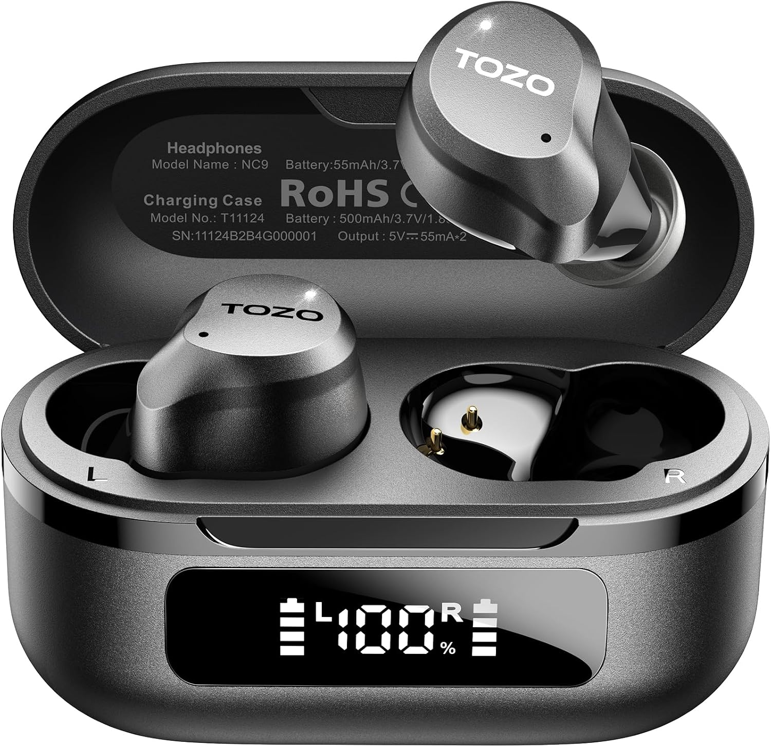 TOZO NC9 Hybrid Active Noise Cancelling Wireless Earbuds, 60H, LED Display | 6 Mic ENC Clear Calls, Deep Bass Sound, IPX8 Waterproof, in Ear Bluetooth 5.3 Headphones,32 EQs via APP, Comfort Fit Ear Buds