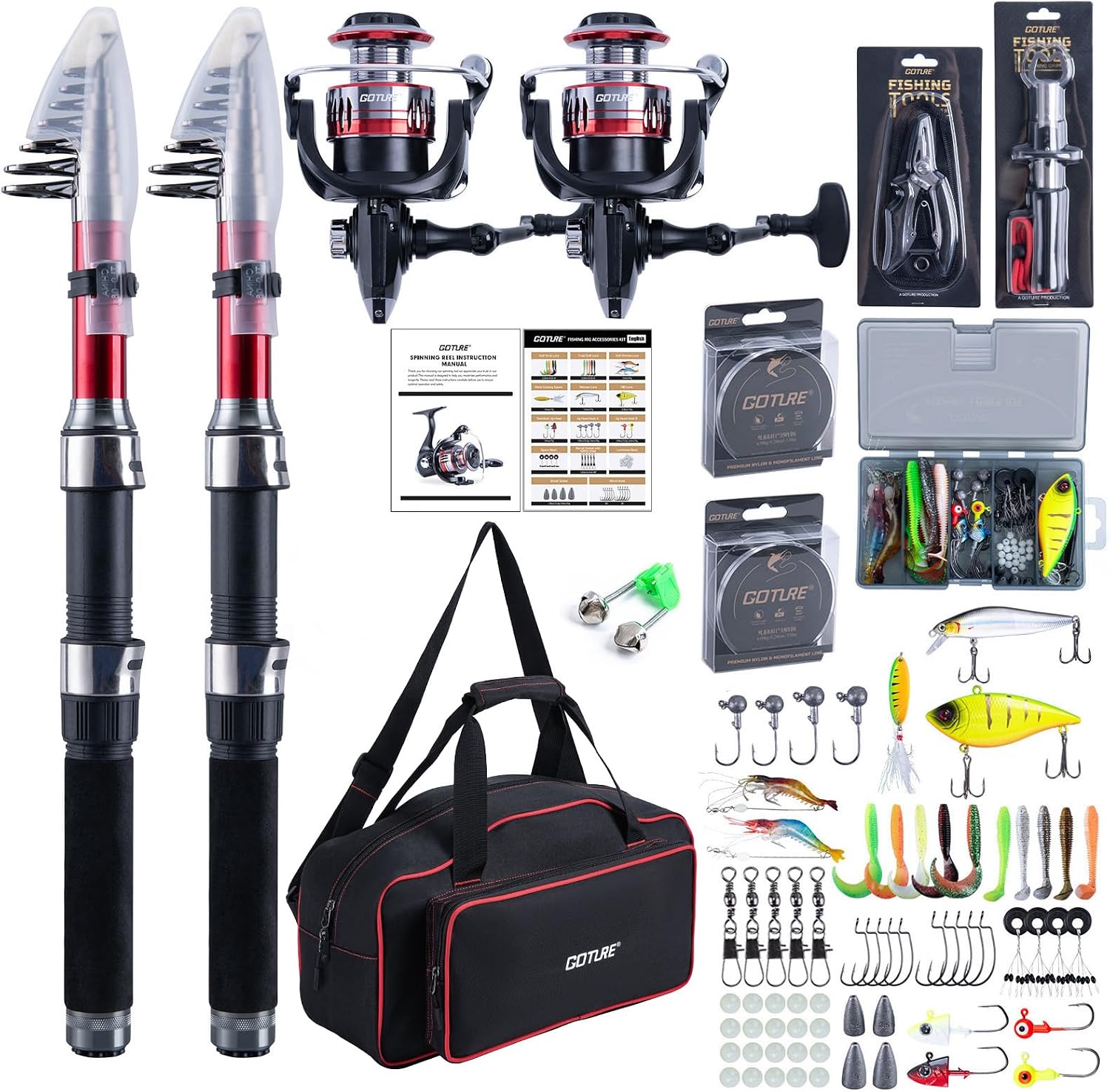 Goture Fishing Rod and Reel Combos-2PCS Telescopic Fishing Pole+2PCS Spinning Reels with Carrier Bag,1.8M-2.7M Telescopic Rod Reel Kit for Starter Travel Saltwater Freshwater,Gifts for Men