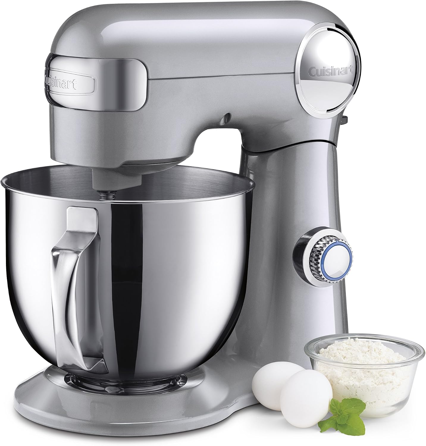 Cuisinart Stand Mixer, 12 Speeds, 5.5-Quart Mixing Bowl, Chef’s Whisk, Flat Mixing Paddle, Dough Hook, and Splash Guard with Pour Spout, Silver Lining, SM-50BCNAS, Silver Lining