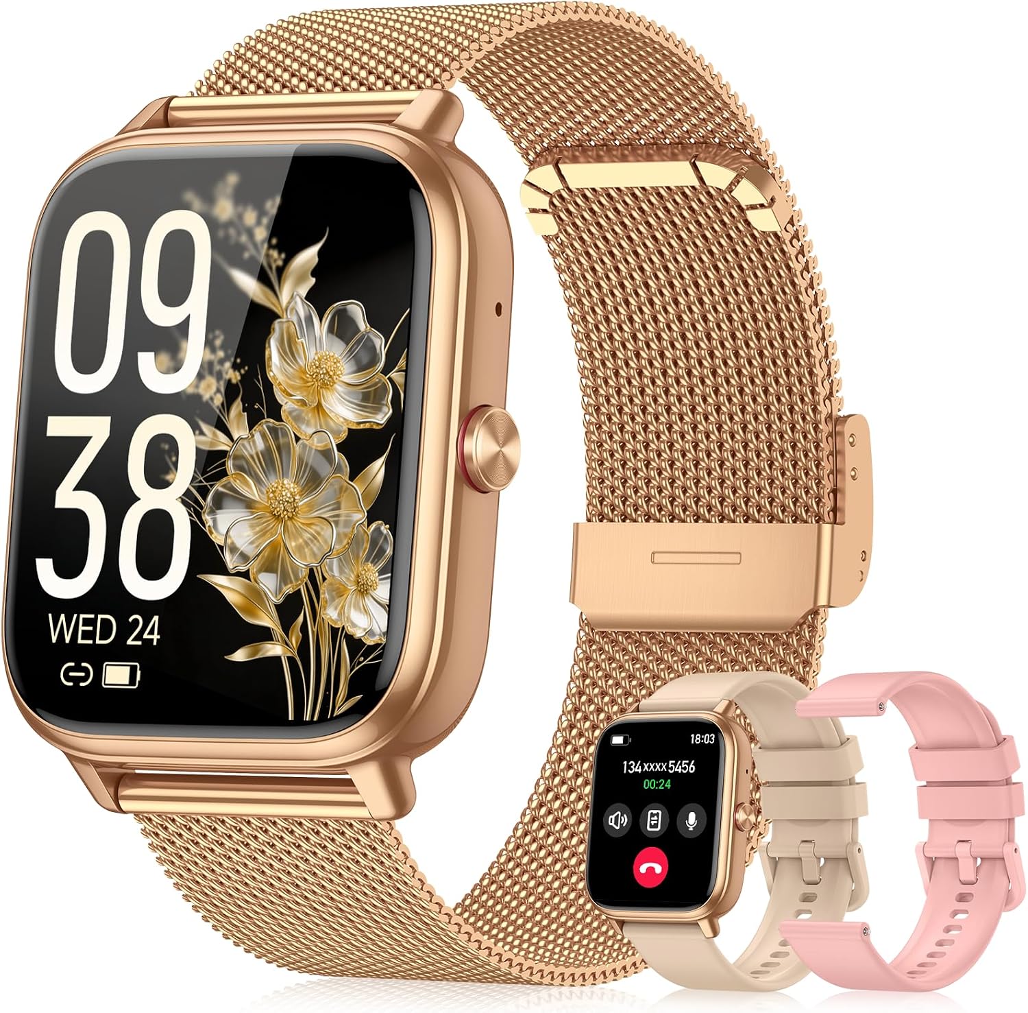 Smart Watch for Women Men- 1000mAh Battery Answer/Make Call, Fitness Step Tracker Watch with Sleep Monitor/Activity Counter/110+ Sport Mode for Andriod iPhone iOS Compatible – 3 Straps, Golden