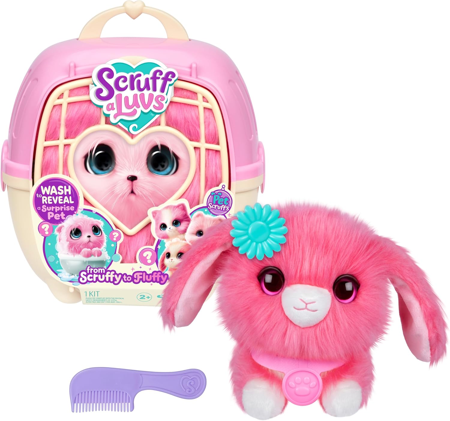 ScruffaLuvs Pink Surprise Pet, Mystery Plush Toy, Wash to Reveal | Wash to reveal 1 of 3 rescue pets, includes deluxe carrier & comb; plush toys for girls ages 3+, gift