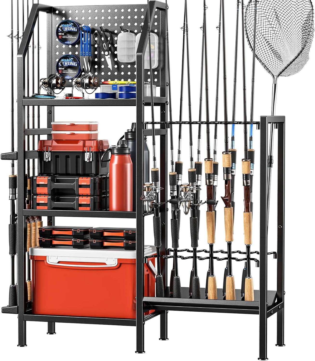 POKIPO Fishing Rod Holders for Garage,Fishing Rod Rack Storage up to 18 Rods,3 Tier Adjust Heavy Duty Metal Fish Pole Stand Organizer with Pegboard for Fishing Gear and Equipment Accessories