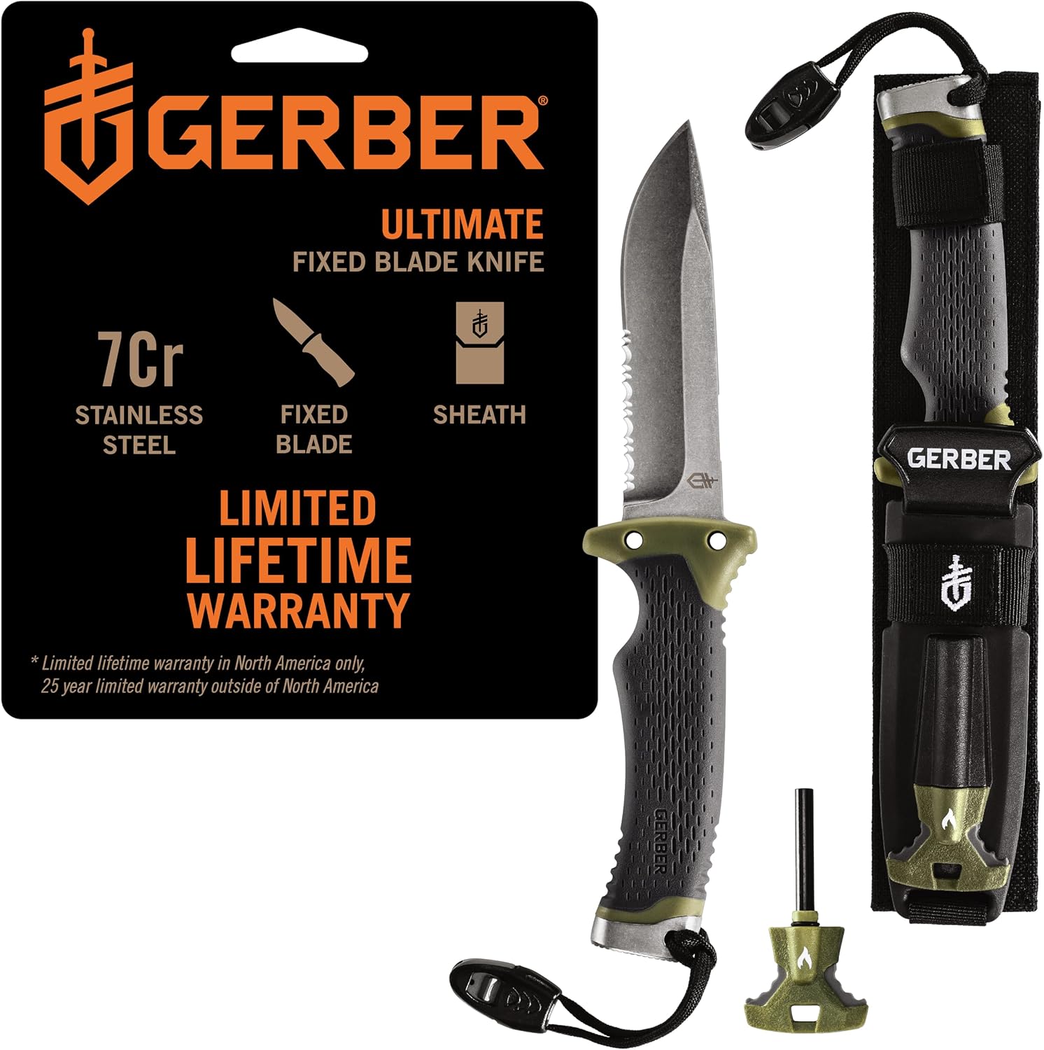 Gerber Gear Ultimate Survival Knife, Fixed Blade Knife with Combo Edge, includes Fire Starter Edge and Ferro Rod, Whistle, Sheath with Integrated Sharpener – Bushcraft, Hunting and Camping Tool