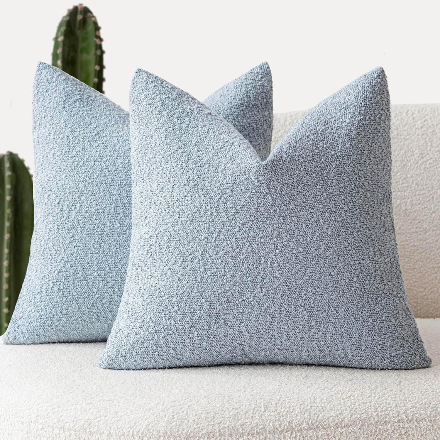 Foindtower Pack of 2 Modern Textured Boucle Throw Pillow Covers Accent Solid Decorative Pillow Cases Cozy Woven Couch Cushion Case for Chair Sofa Bed Living Room Home Decor, 20 x 20 Inch, Light Blue