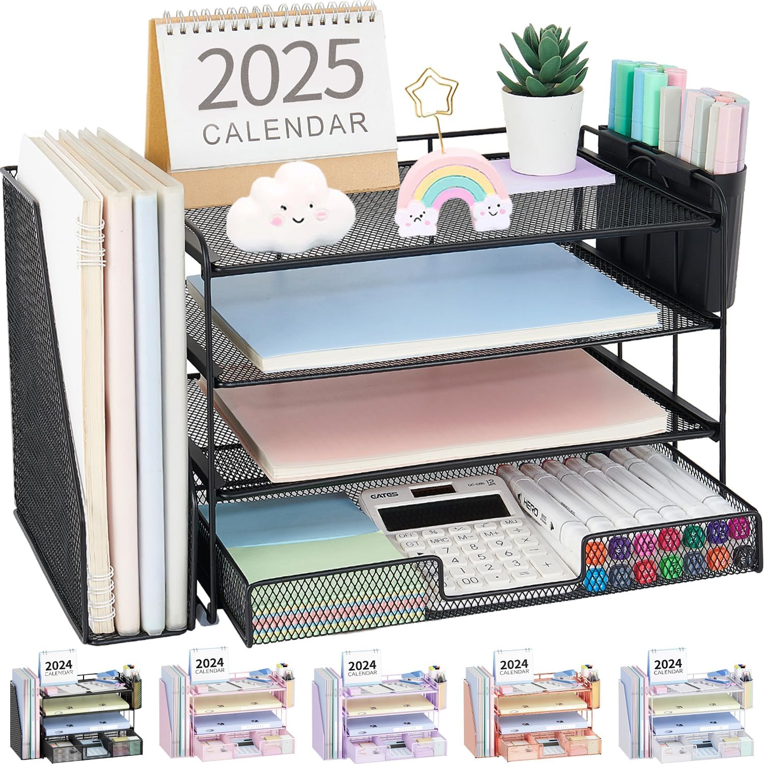 OPNICE Desk Organizer, 4-Tier Desktop File Organizer with Drawer and Pen Holders, Office Desk Accessories, File Sorters, Workspace Organizers for Office Supplies(Black)