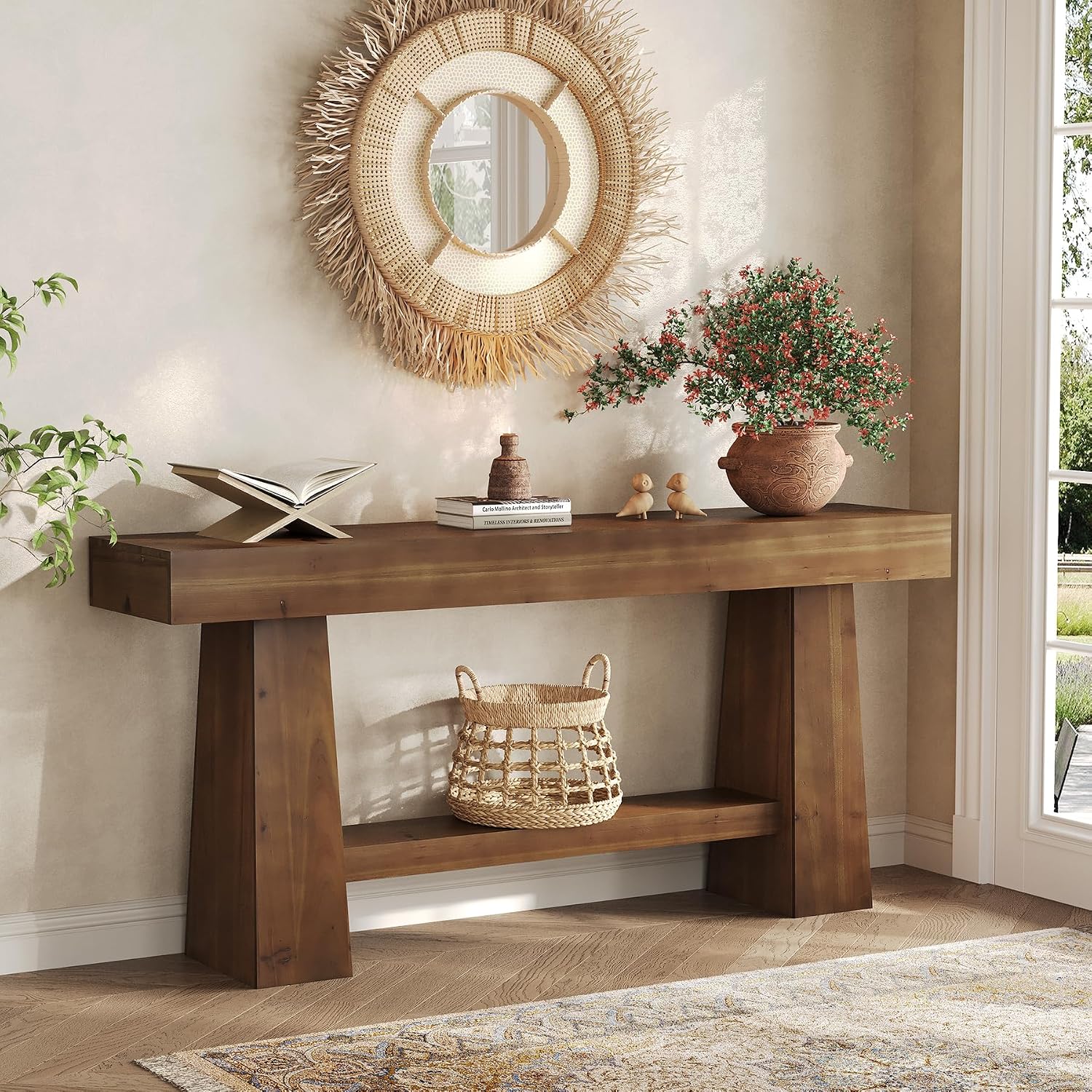 Solid Wood Console Table, 63-Inch Entryway Table with Storage, Long Wooden Sofa Table Behind Couch for Entryway, Hallway, Foyer, Living Room, Brown Wood