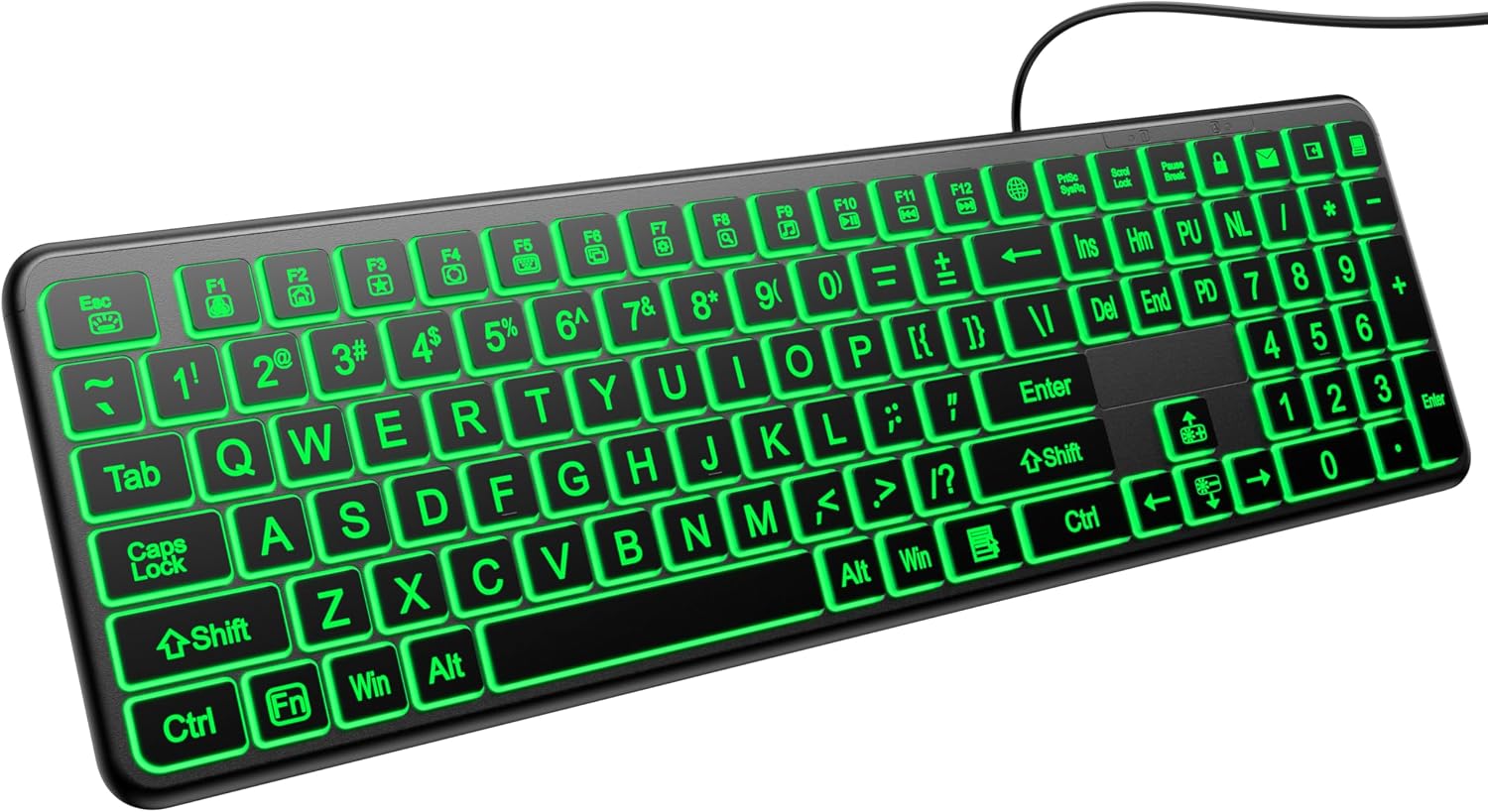 Hamile Large Print Light Up Keyboard, USB Silent Wired Keyboard | 7-Color Backlit, Foldable Stands, Quiet Corded Full Size for Computer PC, Laptop, Desktop, Windows