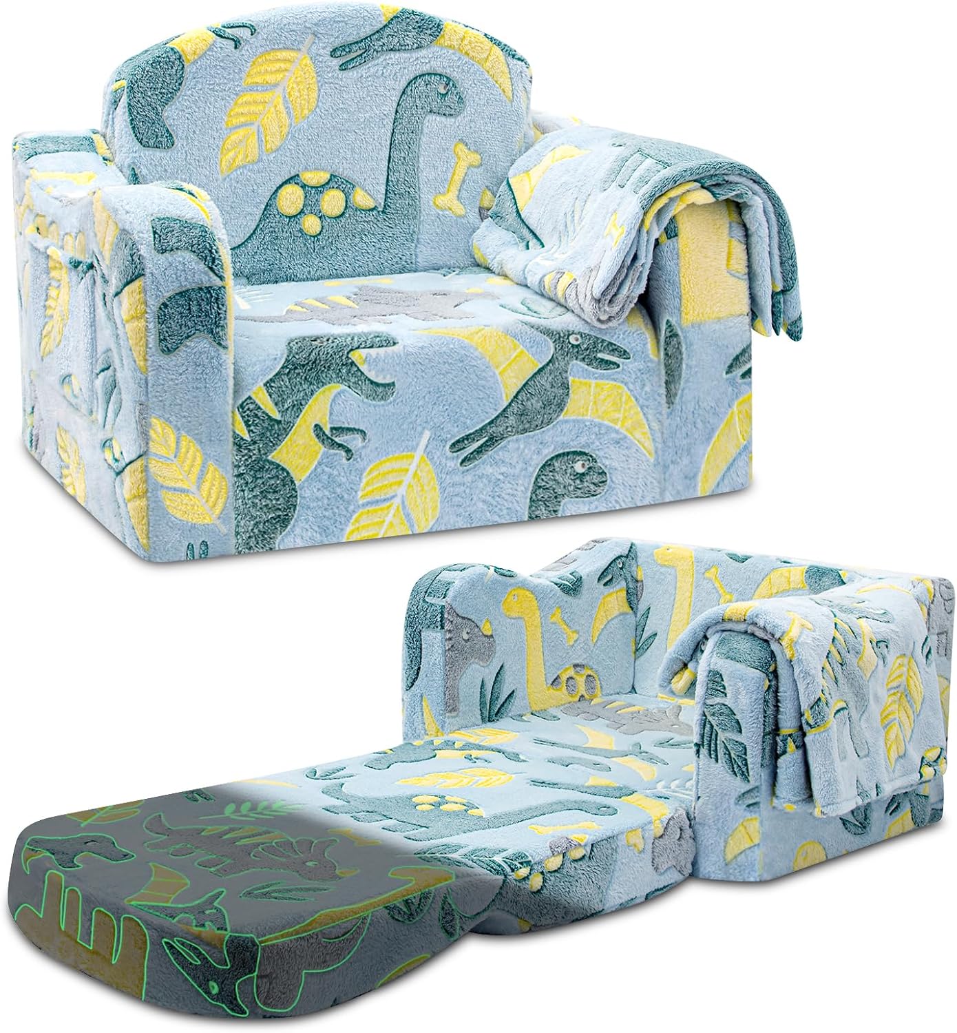 Airpanda Comfy Kids Sofa Chair, 2-in-1 Fold Out Couch with Blanket | Foldable Kids Couch for Boys & Girls, Watching, Reading & Playing, Removable Washable Cover, Green Dinosaur