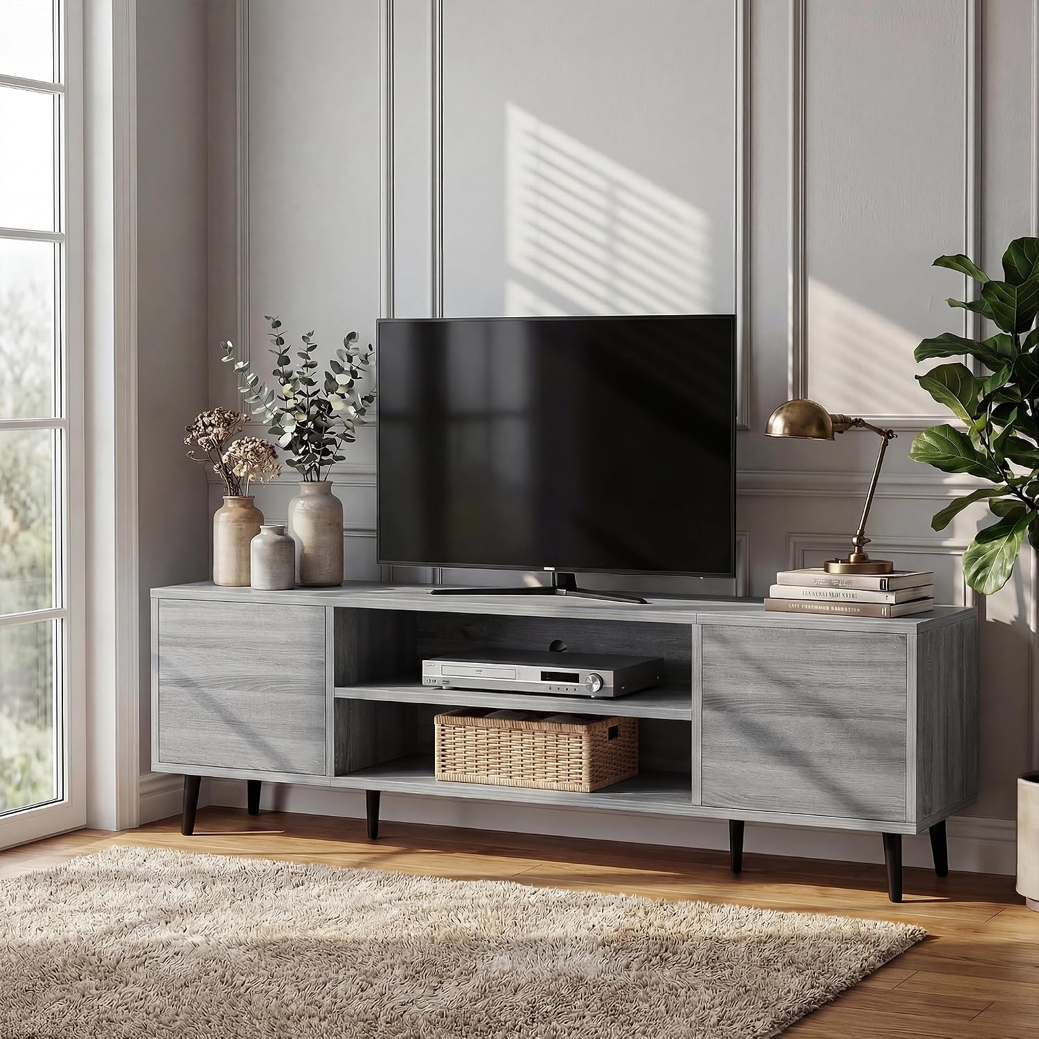 YESHOMY Mid-Century Modern TV Stand for 55-65 Inch TVs, 58 Inch Entertainment Center with Storage, Media Console with Push-to-Open Doors and Cable Management for Living Room, Bedroom(Light Gray)