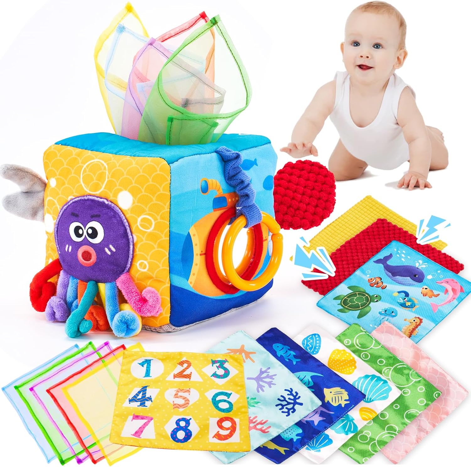 hahaland Baby Tissue Box Toy – Baby Toys 6-12 Months Montessori Toys for 6 Month Old with Textured Tails, Crinkle Tissues, Squeaky, Mirror, Play Silks Sensoy Scarves Baby Gifts 9 Month Old Travel Toys