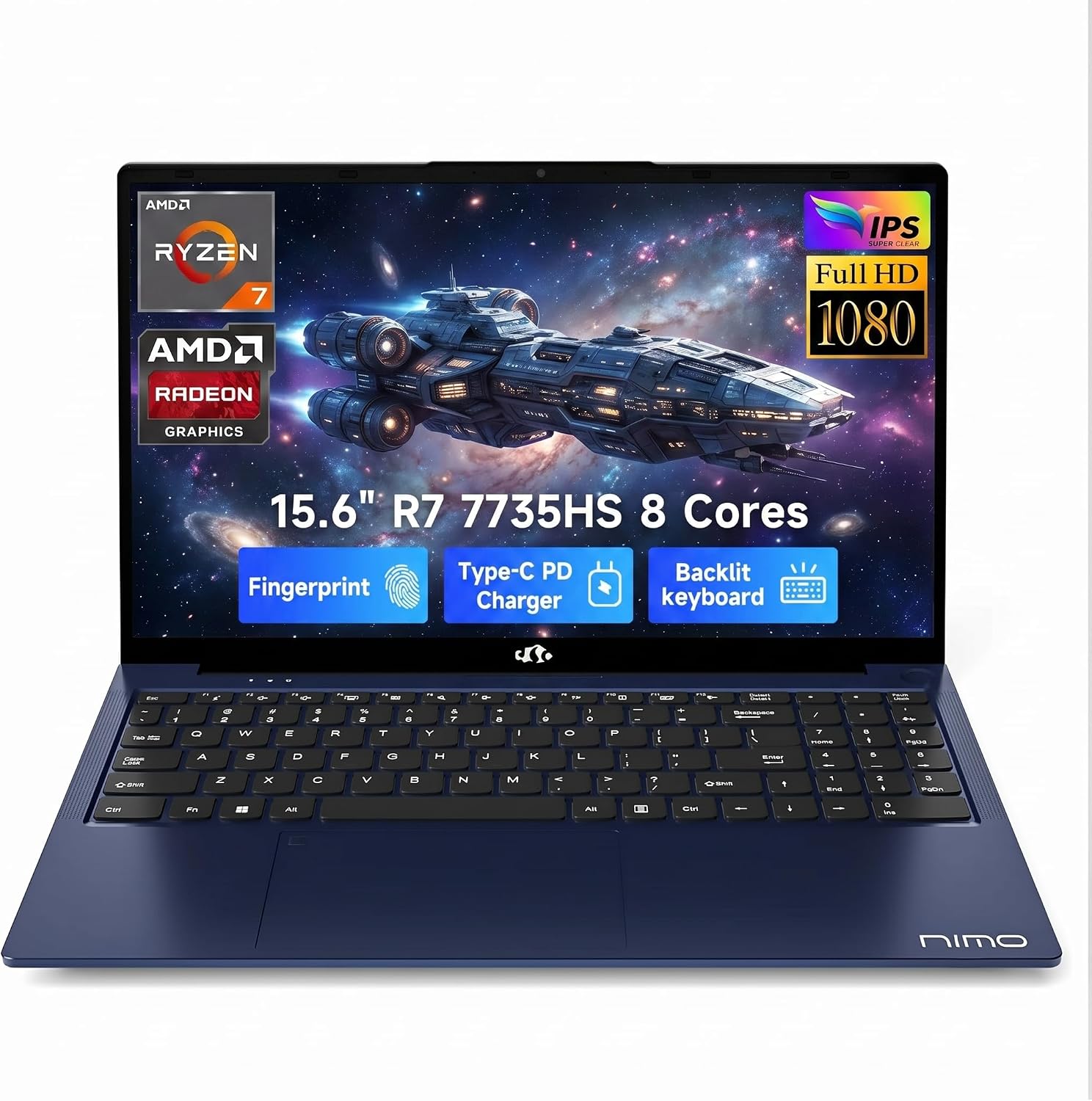 NIMO Gaming Laptop, AMD Ryzen 7 7735HS 8 Cores (Up to 4.75GHz) 15.6″ FHD, 32GB DDR5 RAM 1TB SSD, Radeon 680M Graphics, 100W Type-C, Backlit Keyboard, Fingerprint, 180° Views, Windows 11 Computer