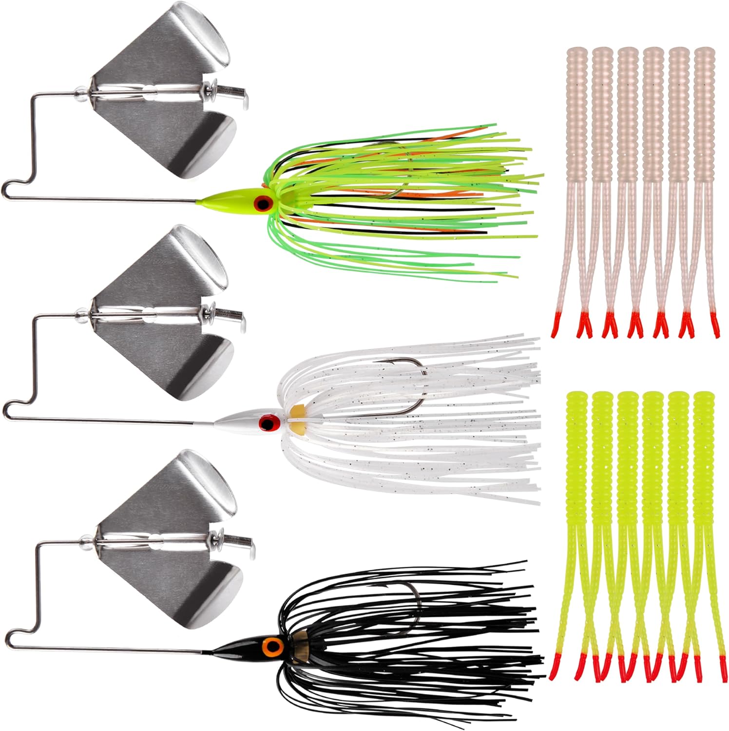 Buzzbaits Spinner Baits for Bass Fishing, Spinnerbaits Fishing Lures with Split Tail Bait Trailers Swim Jigs Worm Baits for Bass Pike Trout Salmon Freshwater Saltwater