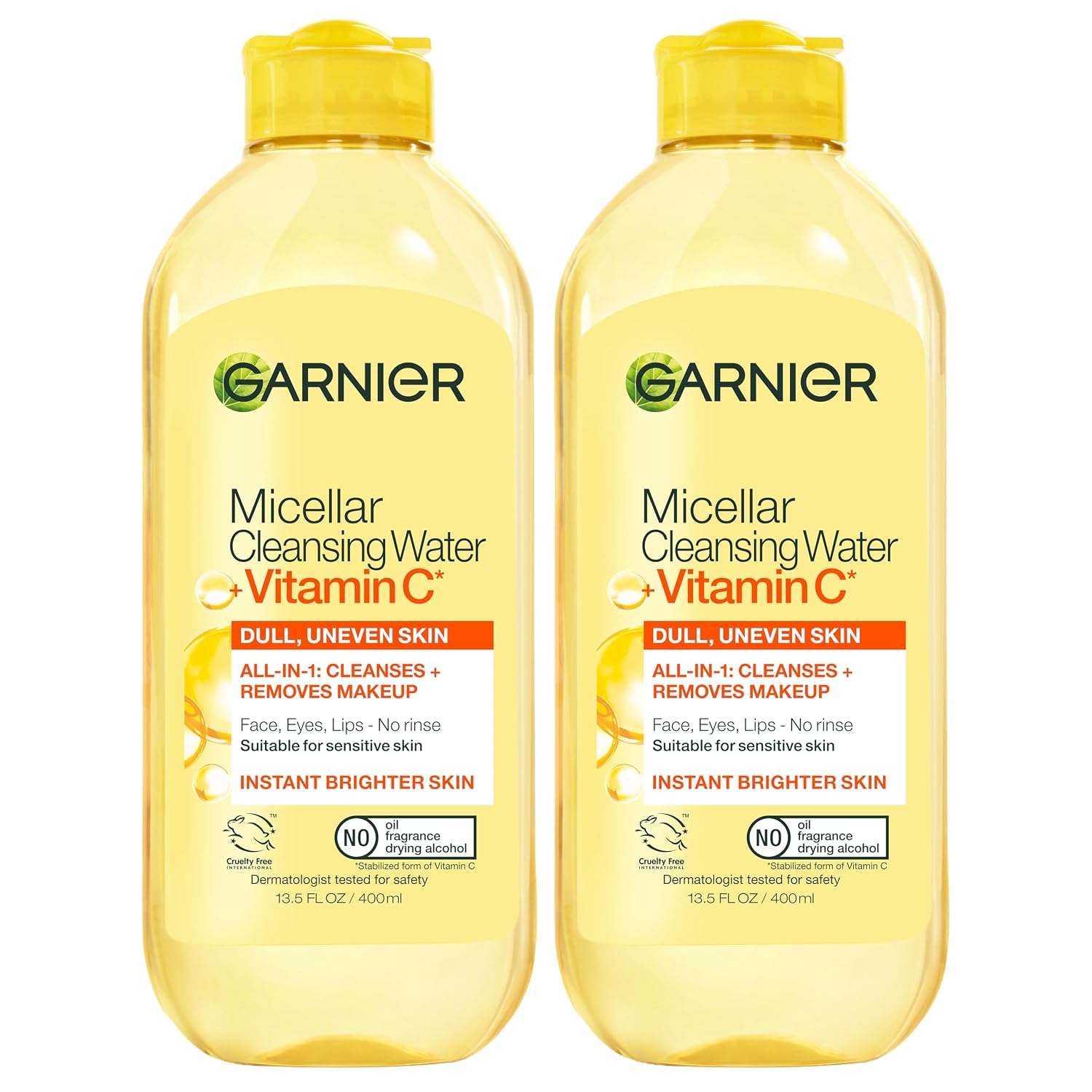 Garnier Micellar Water with Vitamin C, Facial Cleanser & Makeup Remover, Brightening & Hydrating, For All Skin Types, Vegan, Cruelty Free, 13.5 Fl Oz (400mL), 2 Count