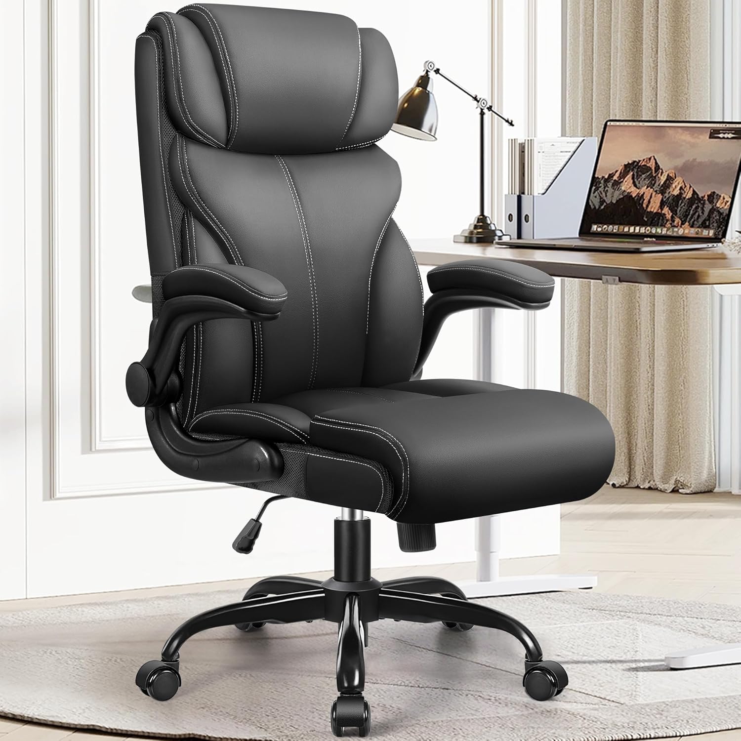 HeroSet Office Chair, Ergonomic Big and Tall Computer Desk Chairs, Executive Breathable Leather Chair with Adjustable Flip-up Armrests, Lumbar Support Swivel PC Chair with Rocking Function,Matte Black