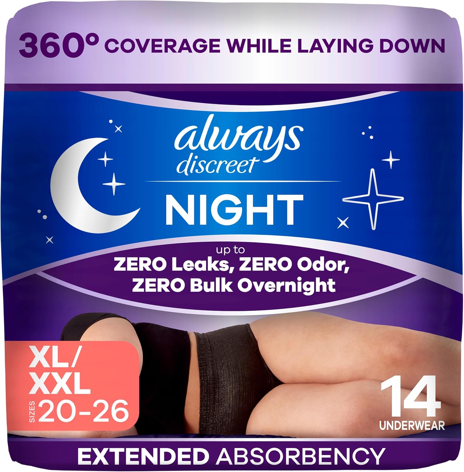 Always Discreet Night, Reimagined Adult Diapers for Women, Extended Overnight Absorbency Incontinence and Postpartum Underwear Size XL/XXL, 360 Degree Coverage While Laying Down, 14 Count​
