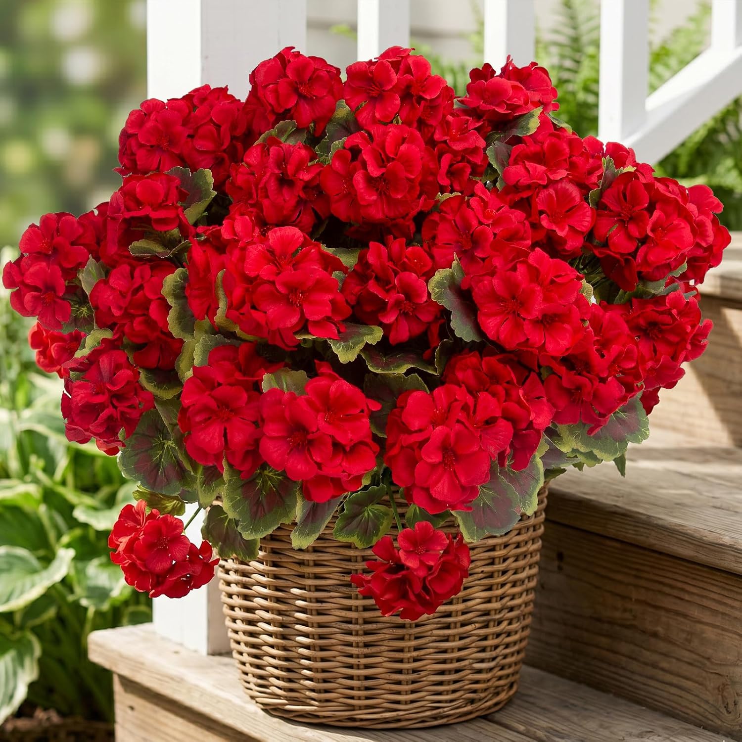 lovemoon 8 Pcs Artificial Geranium Plant Realistic Silk Flowers for Outside UV Resistant Faux Geraniums Flowers for Indoor Outdoor Home Garden Office Decoration (8, Red)