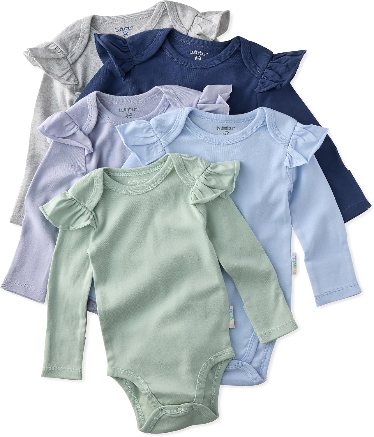 Butterblu Ashley 5-Pack Long Sleeve Ruffle Shoulder Bodysuits 100% Organic for Baby Girls