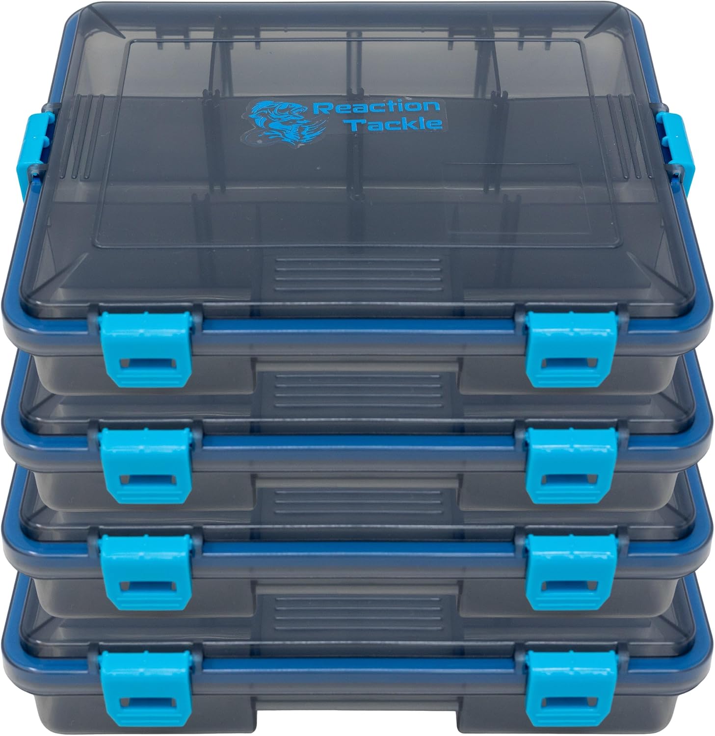 Reaction Tackle Standard Tackle Trays, Plastic Tackle Box Organizers with Four Secure Latches, Removable Dividers and Semi Transparent Lid for Fishing Storage – 3500 (4-Pack)