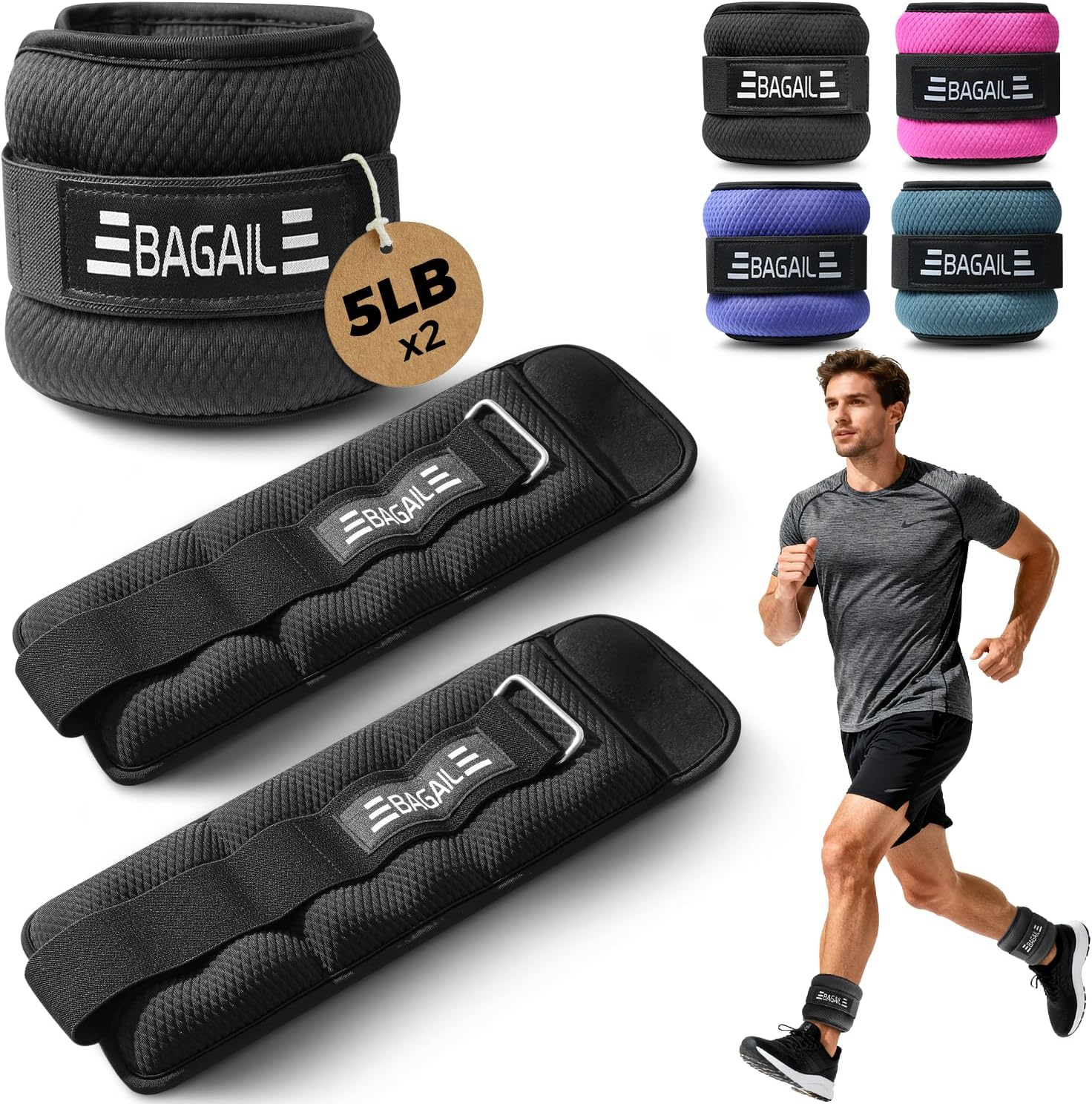 BAGAIL Ankle Wrist Weights for Women & Men, Set of 2 (Available in 0.5/1/2/3/4/5 lb Each), Wearable Leg Arm Weights with Sleek Design & Secure Fit for Walking, Running, Pilates, Home Fitness
