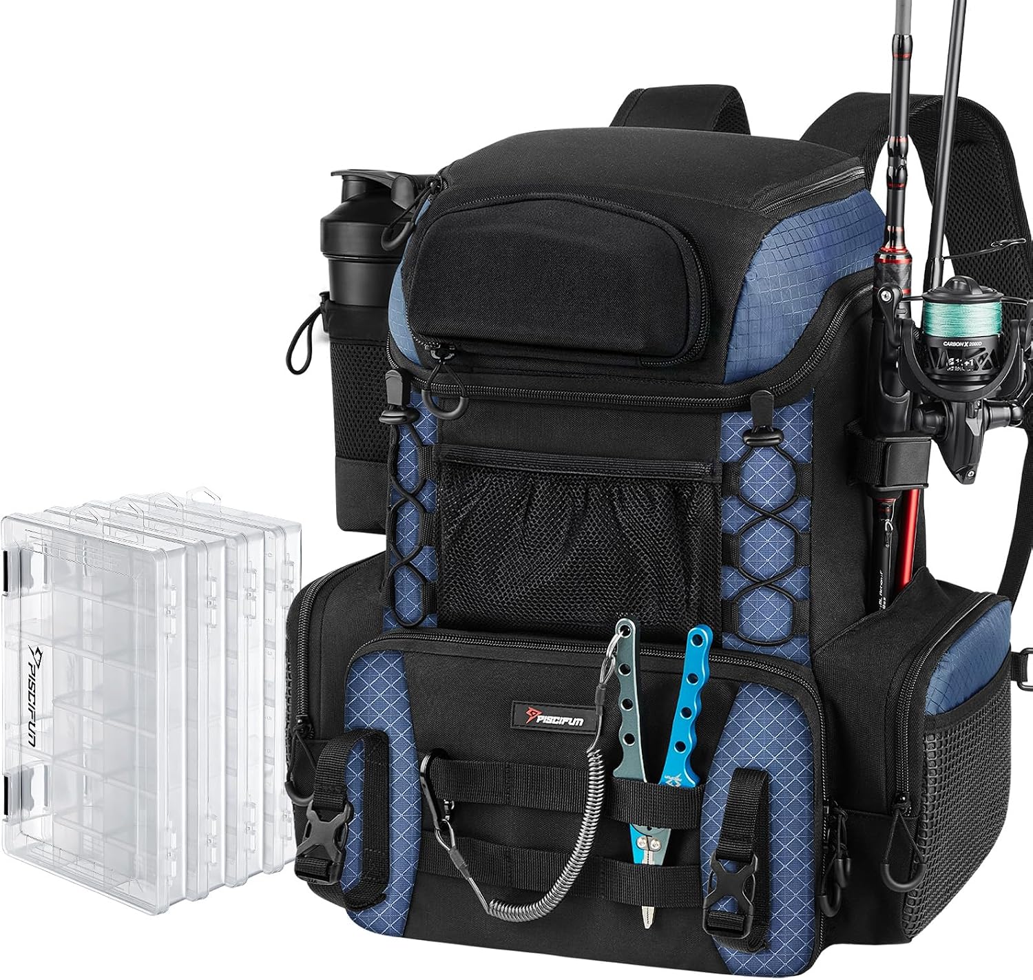 Piscifun Fishing Tackle Backpack with Rod Holders & 4 Tackle Boxes, 42L Outdoor Fishing Bag with Waterproof Rain Cover