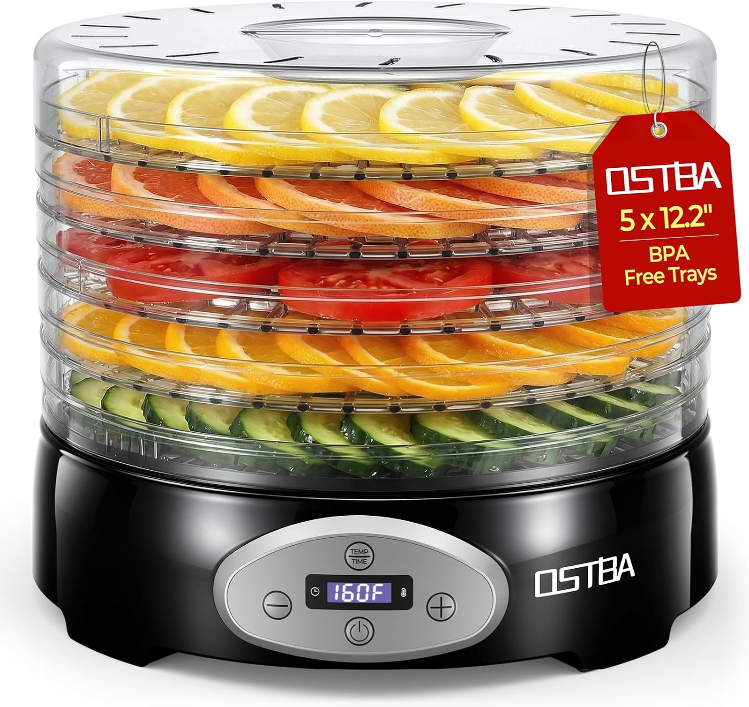 OSTBA Food Dehydrator, 5 BPA-Free 12.2″ Trays, Adjustable Temp 95–160℉, 48H Timer, 420W Food Dryer for Fruits, Veggies, Jerky, Herbs, Home Use, BPA-Free