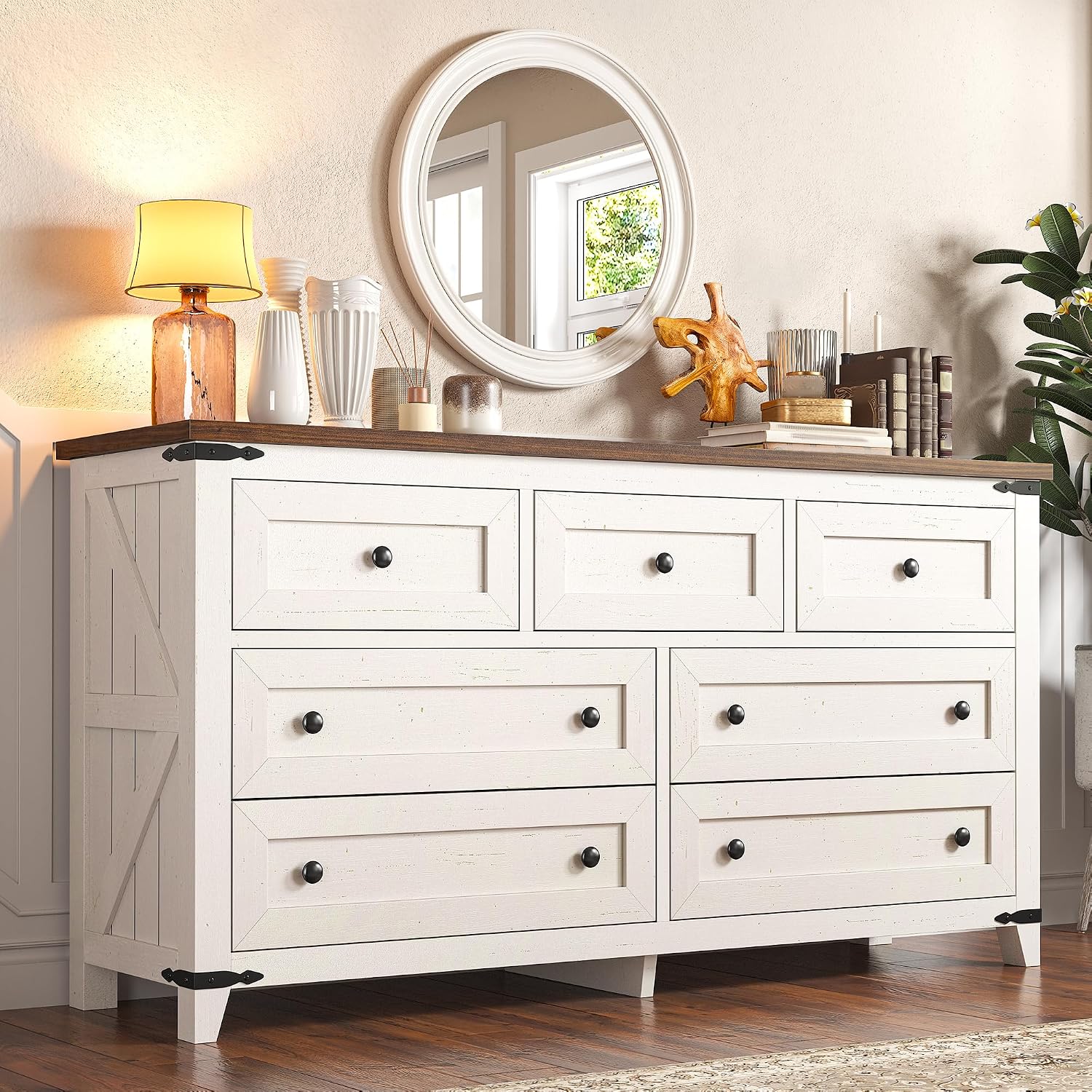 EnHomee White Dresser for Bedroom, 51.2″ Wide Dresser TV Stand for 60″ TV | Wood Rustic Chest of Drawers, 7 Drawers Dresser with Barn Door Design & Vintage Embossed Texture for Hallway Living Room
