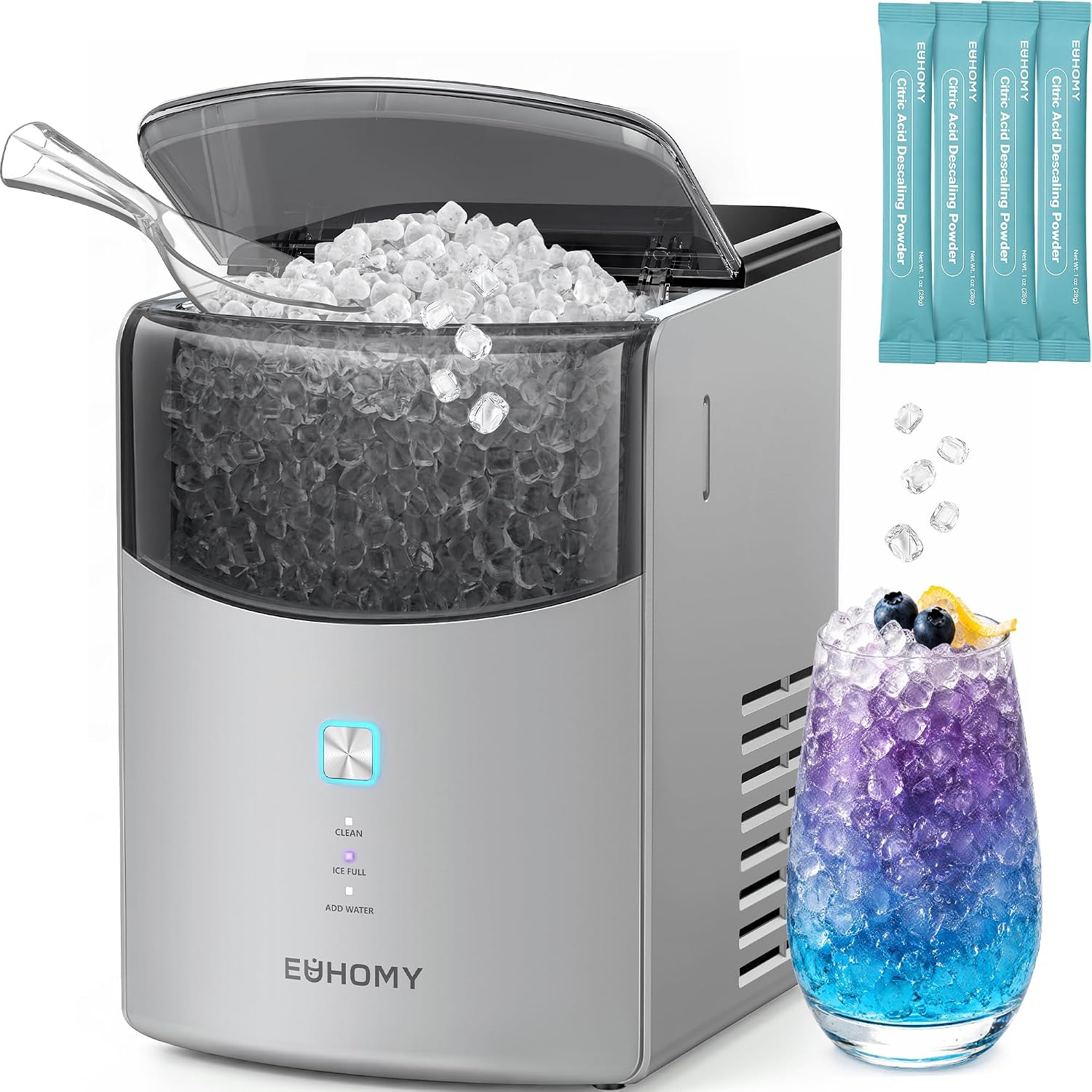 Euhomy Countertop Nugget Ice Maker, 35lbs Daily Sonic Crushed Ice Machine | Ice Ready in 5 Mins, Dual-Pump Self-Cleaning, Detachable Lid, Pebble Ice Maker with Basket, Scoop, 4 Packs Cleaner, Grey