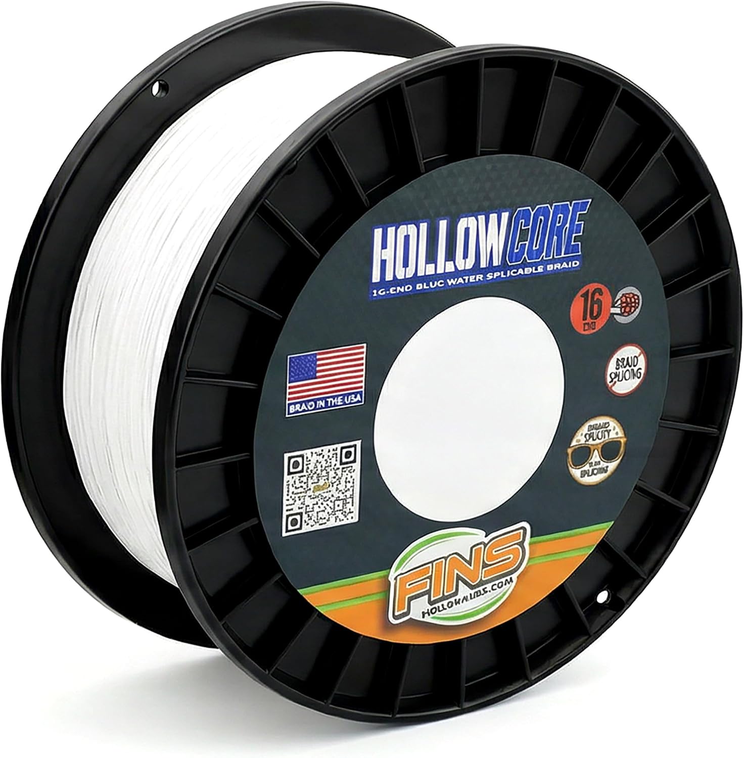 FINS Hollow Core Braided Fishing Line – USA Made, 16-Strand Spliceable Bluewater Braid, Knotless Leader Connections, Greater Reel Capacity, Superior Strength for All Offshore Saltwater Fishing