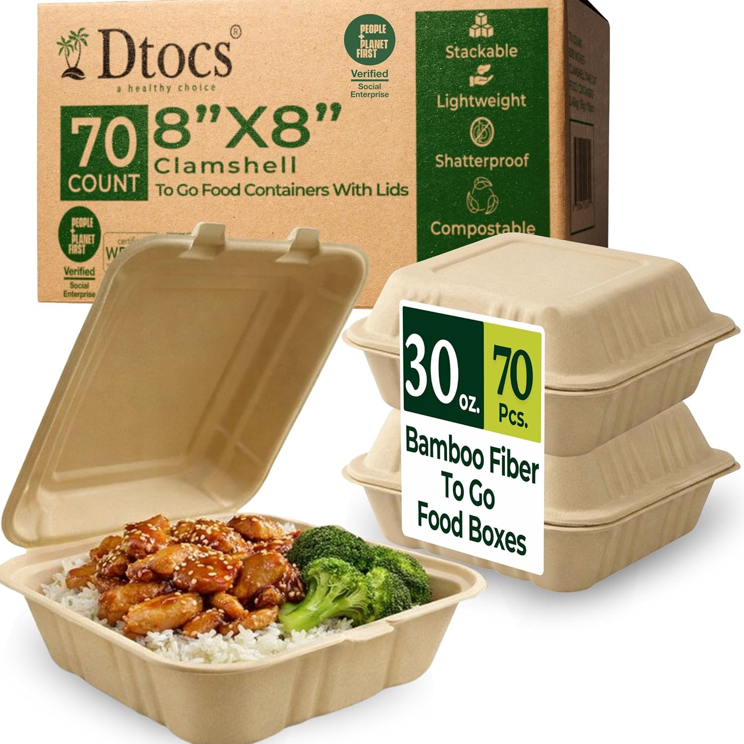 Dtocs 30 Oz To Go Food Containers With Lids 8×8 Inch [70 Pack] Bamboo Clamshell Take Out Containers With Lids | Sturdy Compostable To Go Boxes for Food Leftovers, Fruits, Sandwiches, Catering