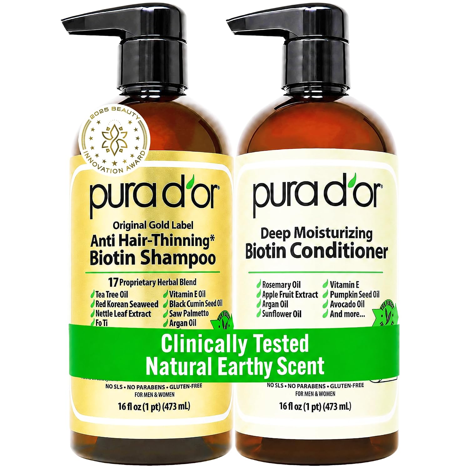 PURA D’OR Anti-Thinning Biotin Shampoo & Hair Regrowth Conditioner, CLINICALLY TESTED Effective Results, Thickening Herbal Blend For Women & Men, Original Gold Label Set, Natural Earthy Scent, 16oz x2