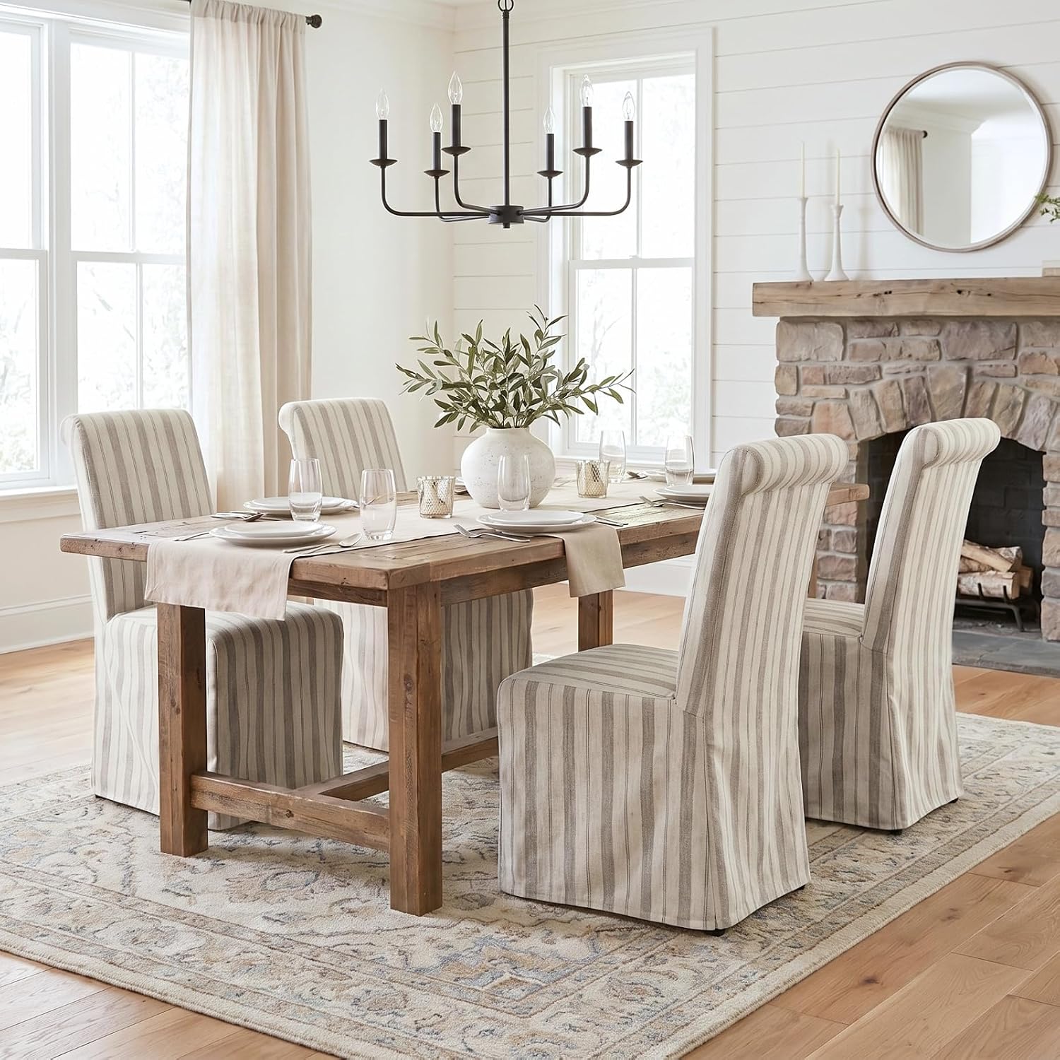 chairus Slipcovered Parsons Dining Chairs Set of 4, Upholstered Dining Room Chairs with Removable Linen Cover & High Back, Modern Farmhouse Wooden Side Kitchen Chairs, Khaki Stripe
