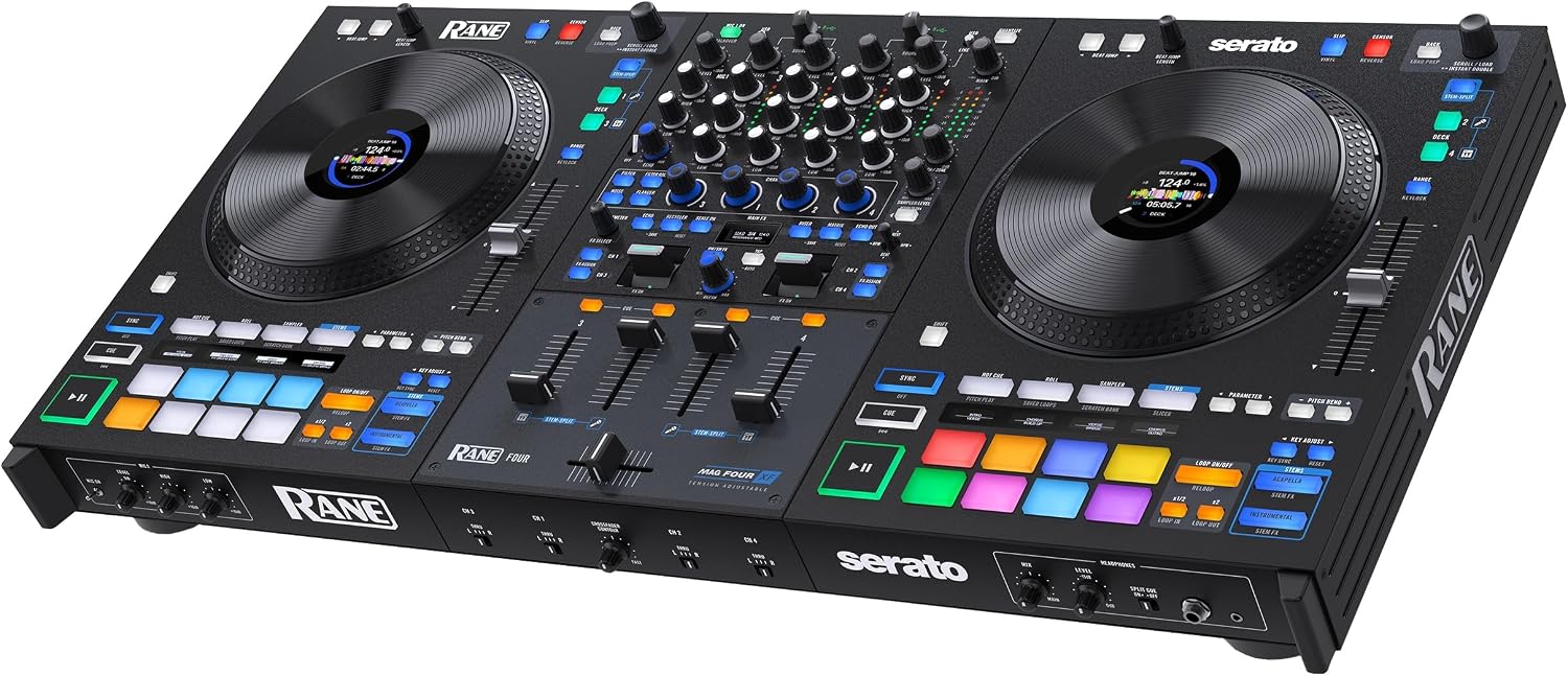 RANE FOUR Stems DJ Controller with 4 Decks, 8.5″ Jog Wheels with Displays, Mixer with Internal FX, Serato DJ Pro and Pitch ‘n Time Included