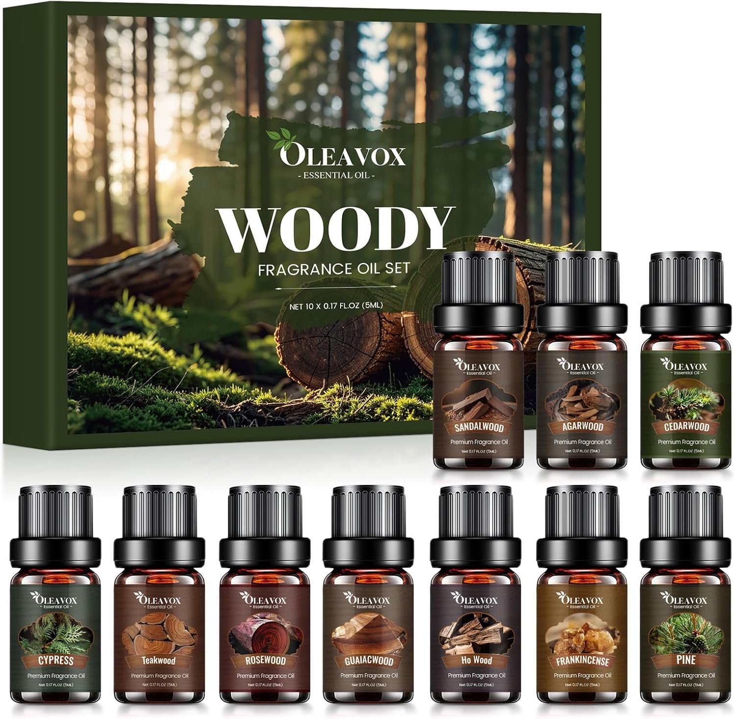 Woody Essential Oils Gift Set, 10x５ML Premium Wood Fragrance Oil　for Candle & Soap Making, Diffuser, Sandalwood, Teakwood, Forest Pine, Cedarwood, Cypress and Frankincense More Aromatherapy Oils