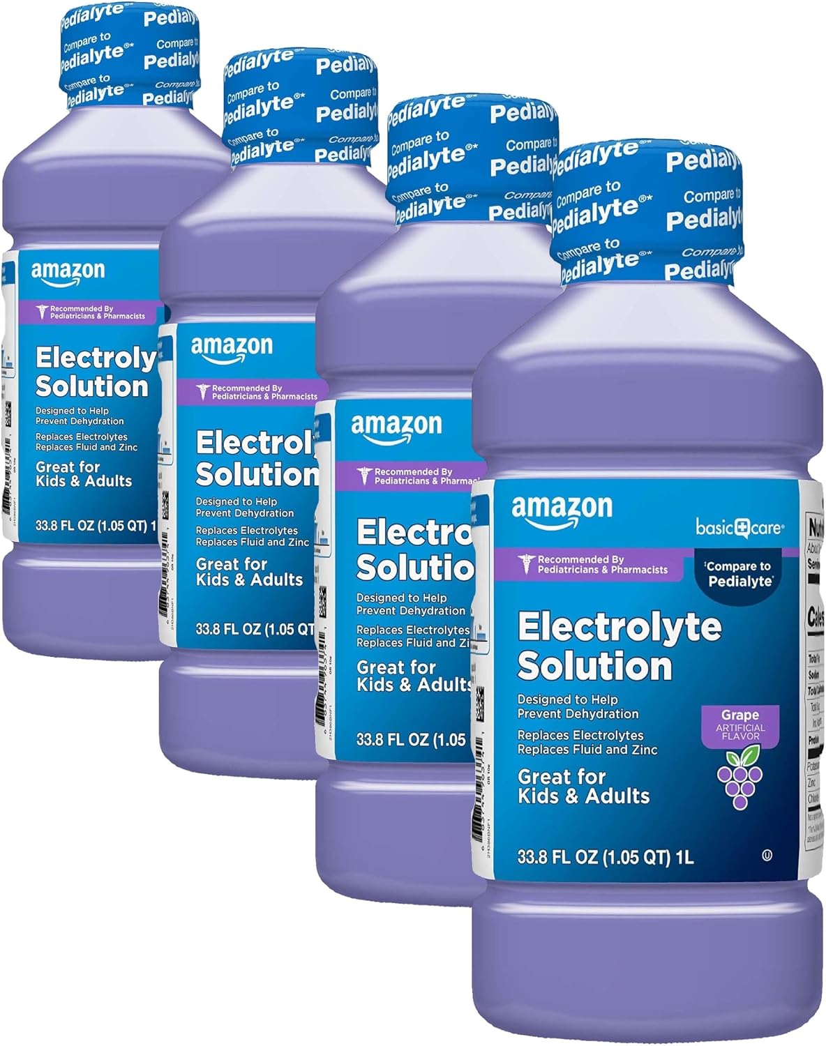 Amazon Basic Care Pediatric Electrolyte Solution, Grape Flavor, Helps Prevent Dehydration, Replaces Electrolytes, Fluid and Zinc, for Kids and Adults, 33.8 fl oz (Pack of 4)
