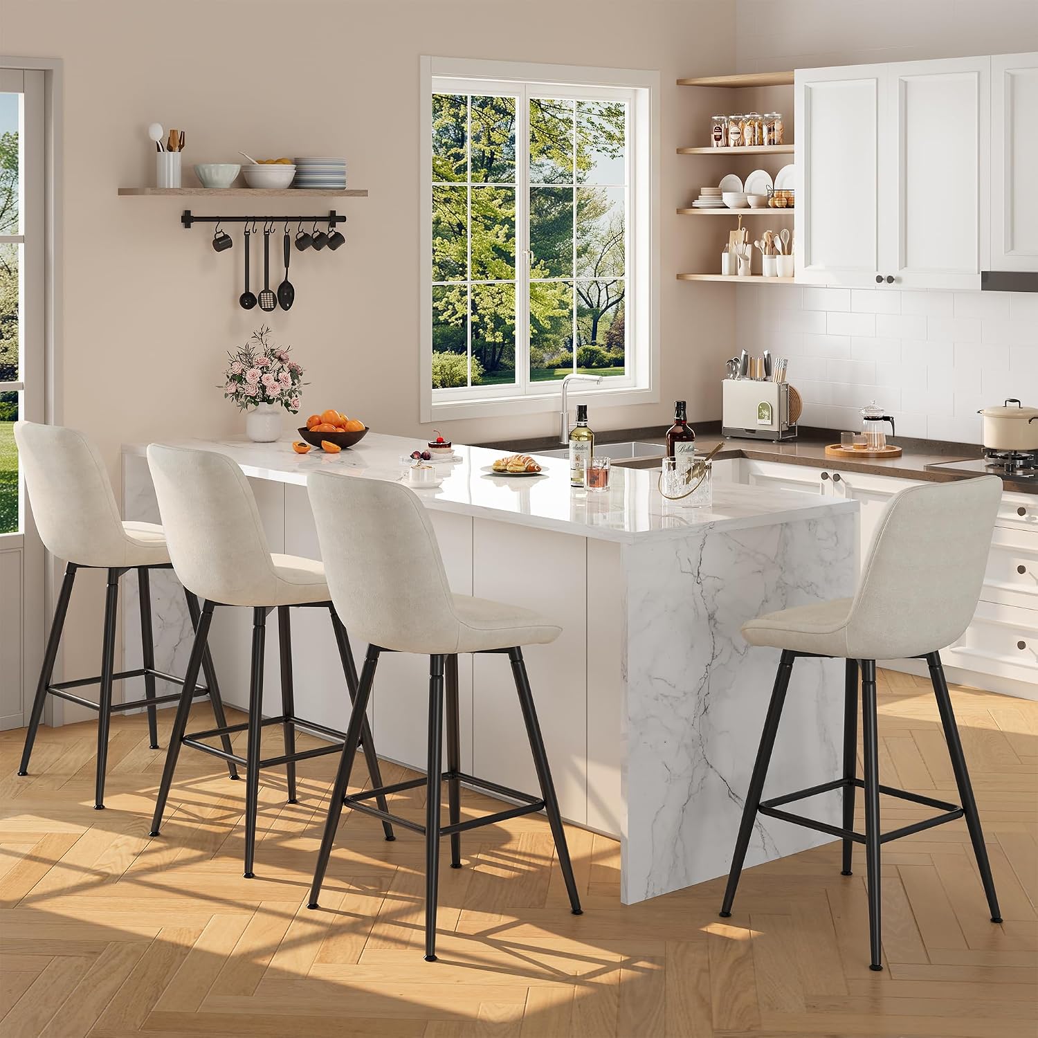 Garvee 25″ Upholstered Bar Stools Set of 4, Counter Height Chenille Fabric Barstool with Footrest, Backrest and Metal Legs, Modern Bar Chairs for Kitchen Island and Counter