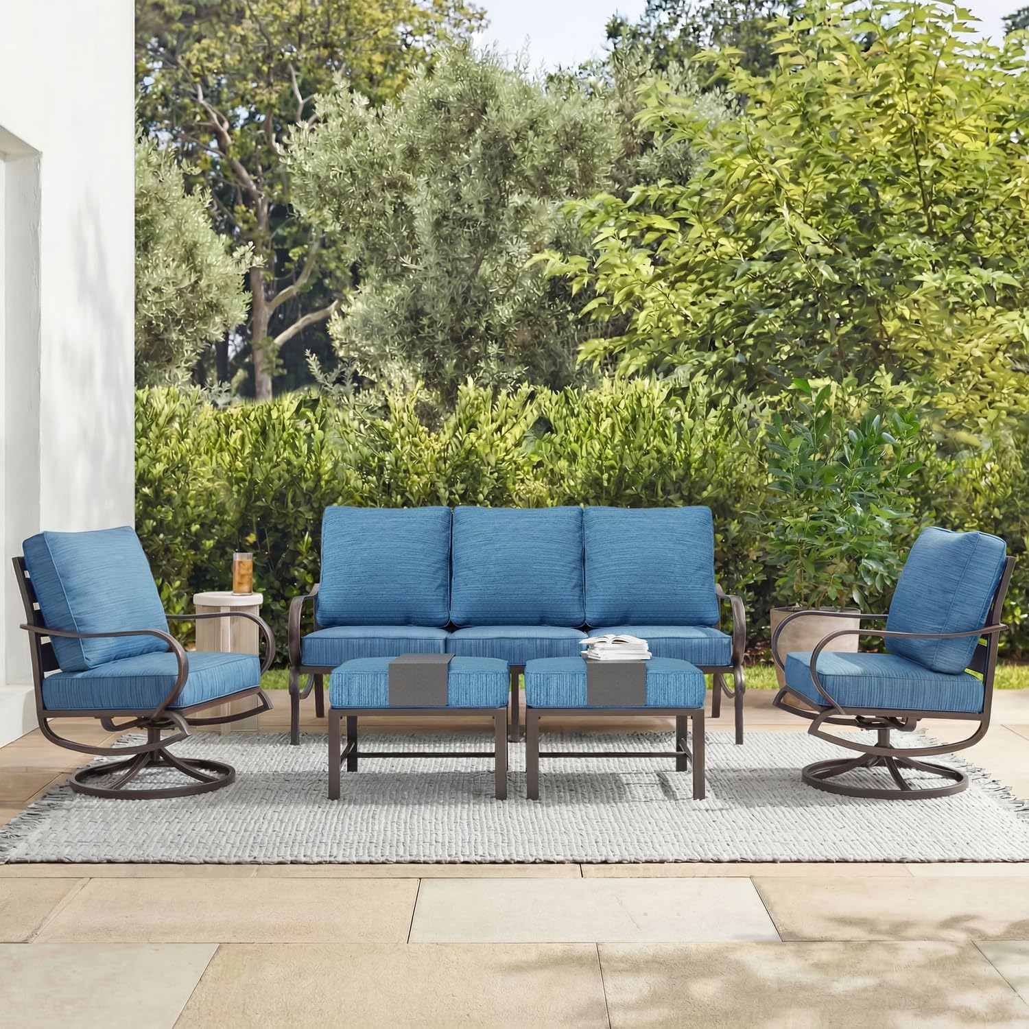 MFSTUDIO 5 Pieces Patio Conversation Sets,Outdoor Metal Furniture Sofas with 1 x 3-Seat Sofa, 2 x Swivel Chairs,2 x Ottoman,Wrought Iron Frame with Peacock Blue Cushion for Patio Courtyard Balcony