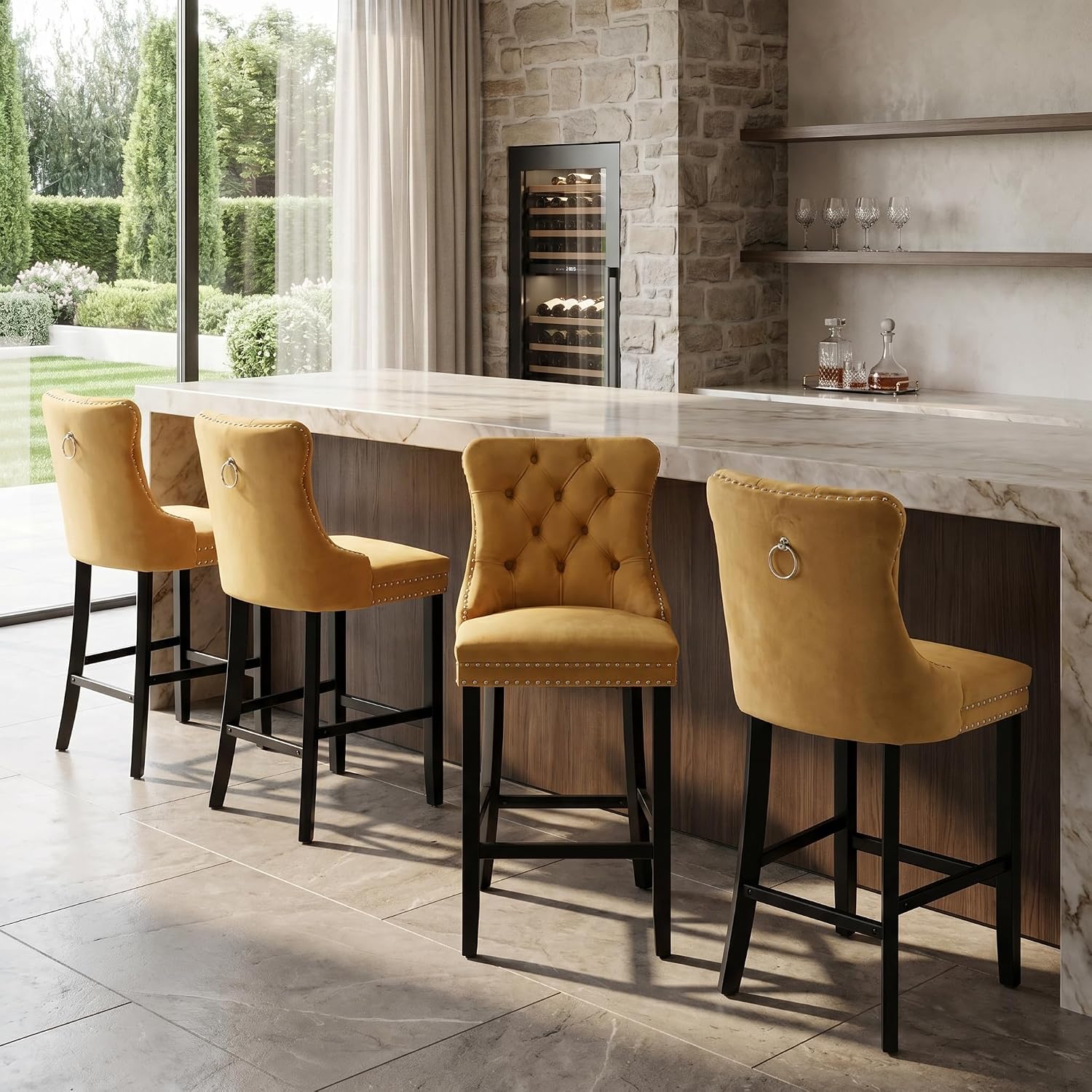 Yellow Widened Counter Height Bar Stools Set of 4 Velvet Upholstered | Modern Bar Stools with Button Tufted Backrest Nailhead Trim and Wood Legs for Kitchen Island Sillas para Barra de Cocina