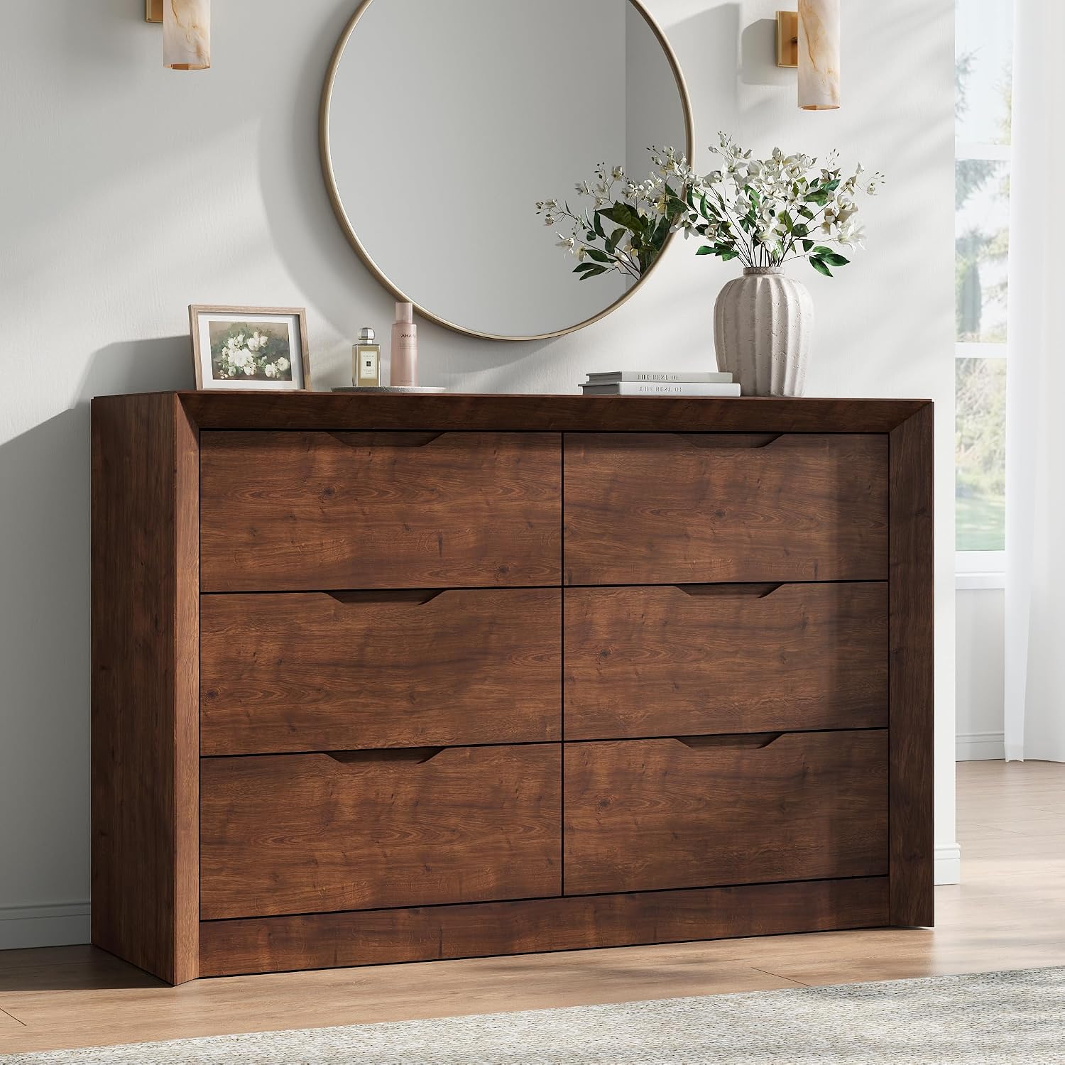 YANSNWO Walnut 6 Drawer Dresser for Bedroom, 47.2″ Wide Dressers & Chest of Drawers with Unique Panel & Thickened Frame, Mid Century Modern Dresser with Handless Design for Living Room, Hallway