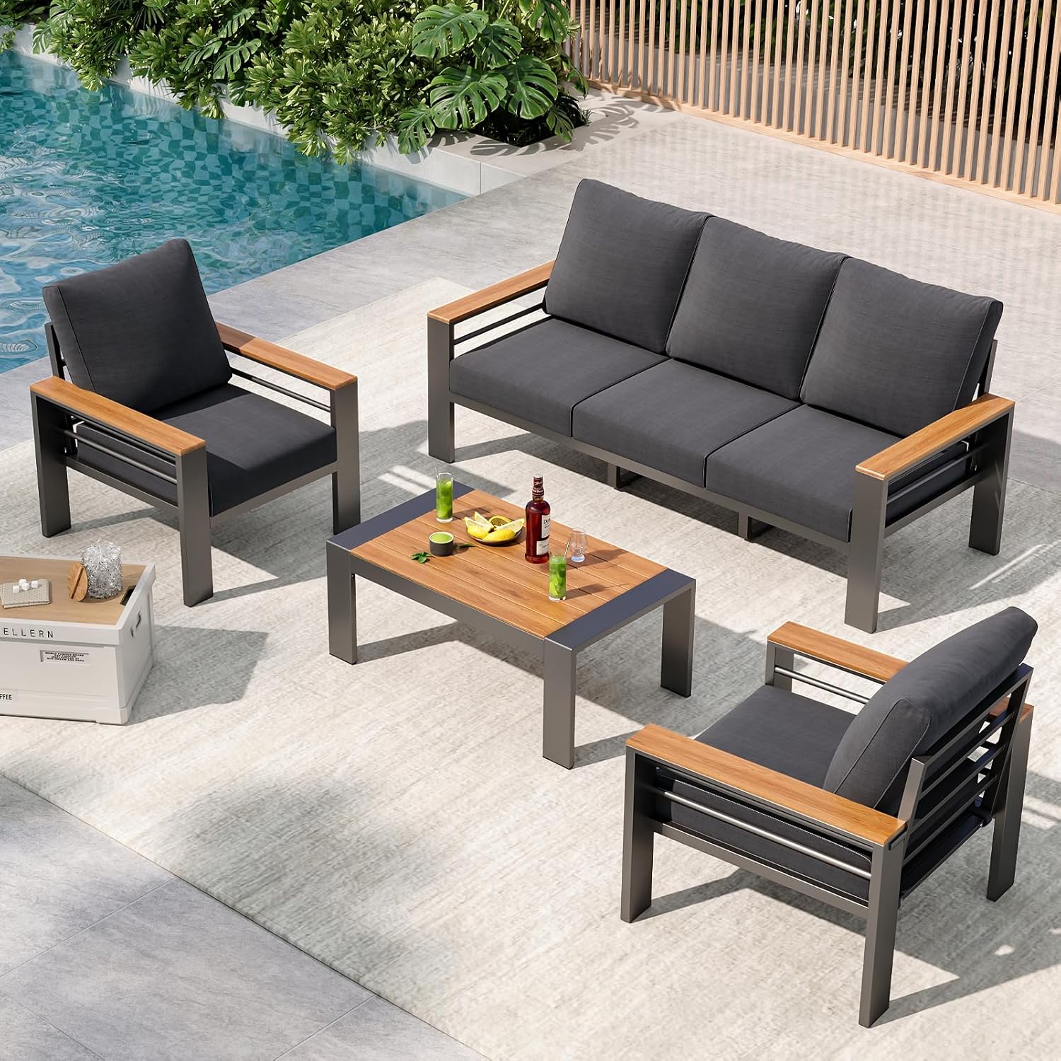 Aoxun Patio Furniture Set, 5 Piece Aluminum Patio Sets with 5″ Thicken & Washable Cushion, Waterproof Outdoor Furniture with Coffee Table, Outdoor Couch Sectional for Backyard, Porch and Garden
