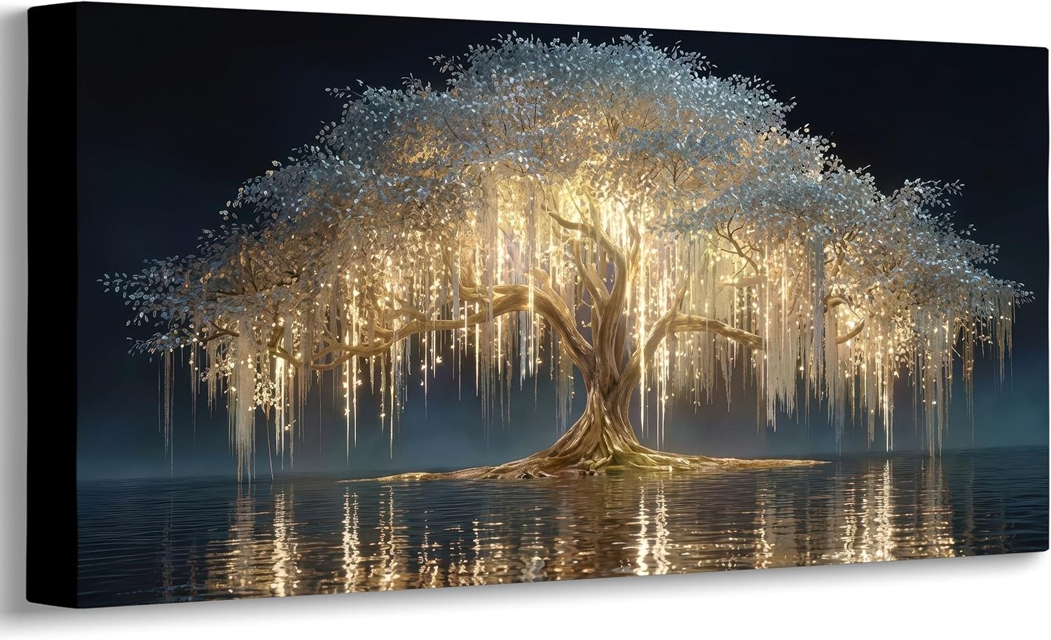 Large Tree of Life Canvas Wall Art Abstract Black and Gold Tree of Life Picture Wall Decor Nordic Gold White Flowers Poster Print Artwork for Living Room Bedroom Office Hallway Home Decoration