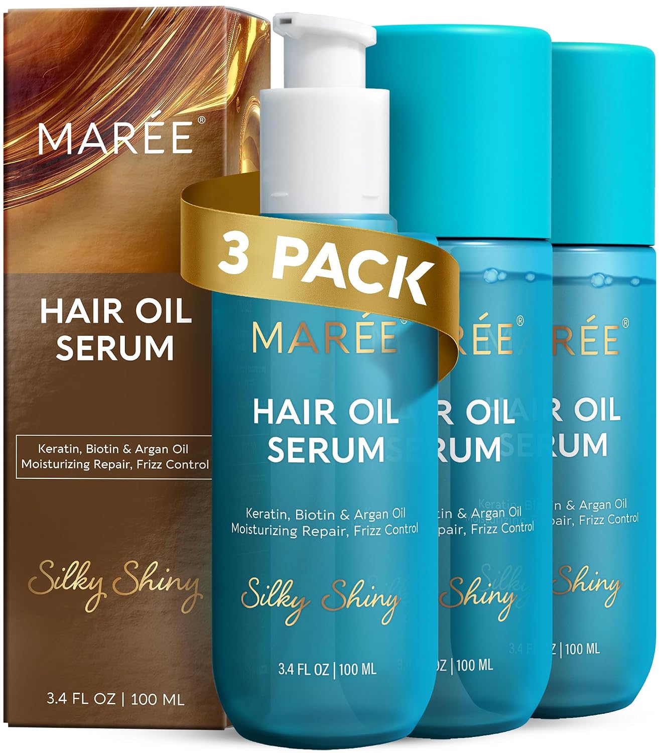 MAREE Hair Oil for Frizzy Hair with Argan Oil, Keratin & Biotin 3 PACK – Hair Serum for Dry and Curly Hair Gloss – Frizz Control Hair Care Products for Women – Aceite Para el Cabello