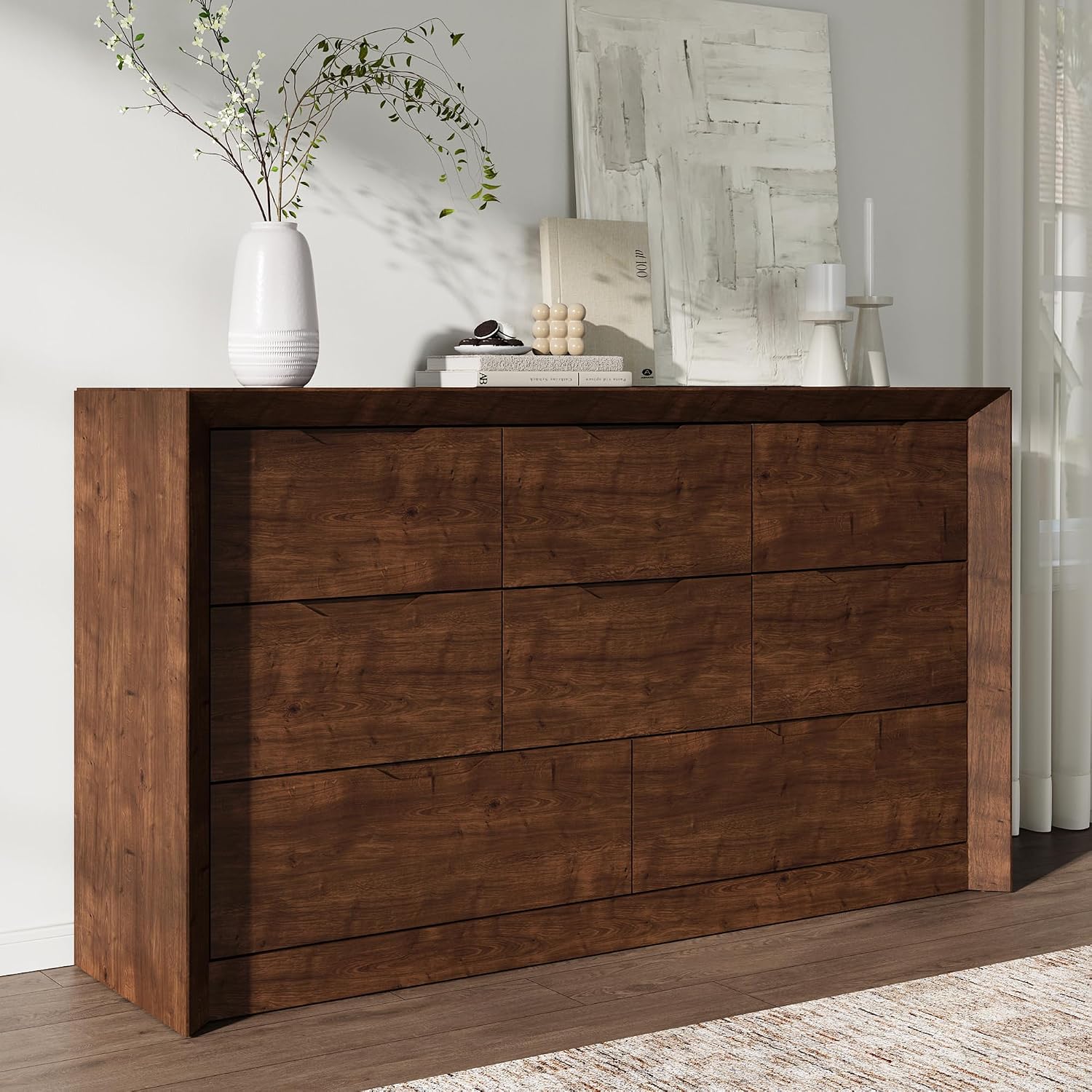 YANSNWO Walnut 8 Drawer Dresser for Bedroom, 55″ Wide Dressers & Chest of Drawers with Unique Panel & Thickened Frame, Mid Century Modern Dresser with Handless Design for Living Room, Hallway