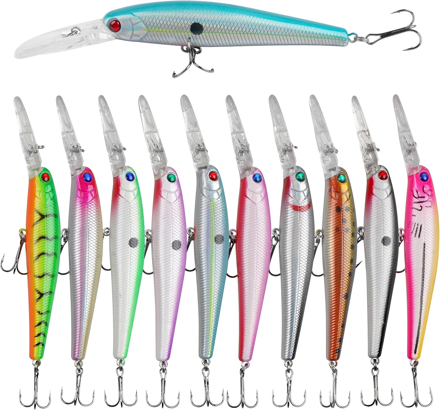 Hard Fishing Lure Baits Kit,10pcs Crankbait Minnow Jerkbaits Hard Baits Deep Diving Swimbait with Treble Hooks Walleye Fishing Lures for Bass Trout Catfish Pike Saltwater Freshwater