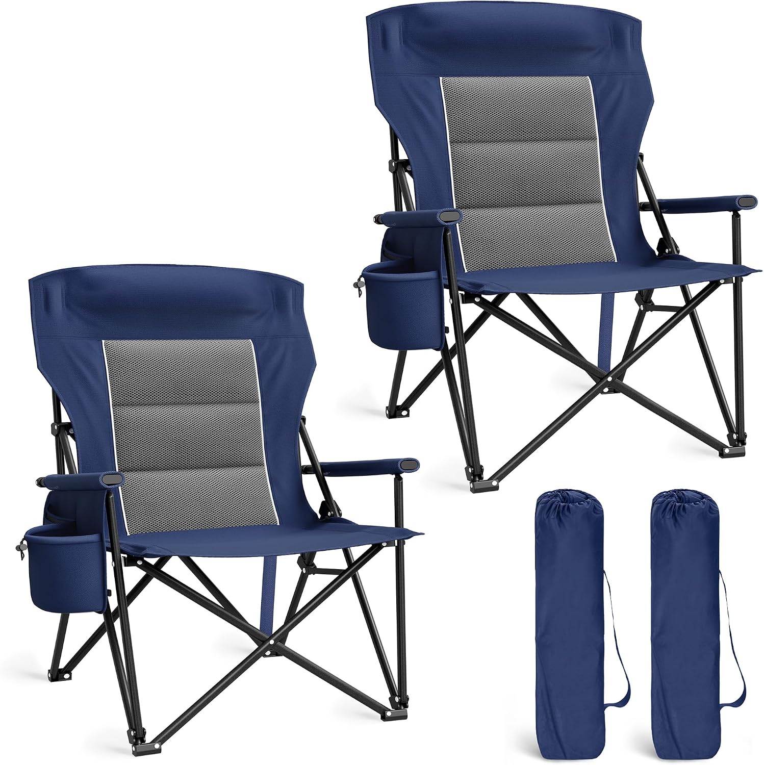 LET’S CAMP Oversized Camping Chairs High Back Heavy Duty Lawn Chair Support 500LBS, Portable Collapsible Chair with Cup Holder, Side Pocket,2 Pack(Blue)