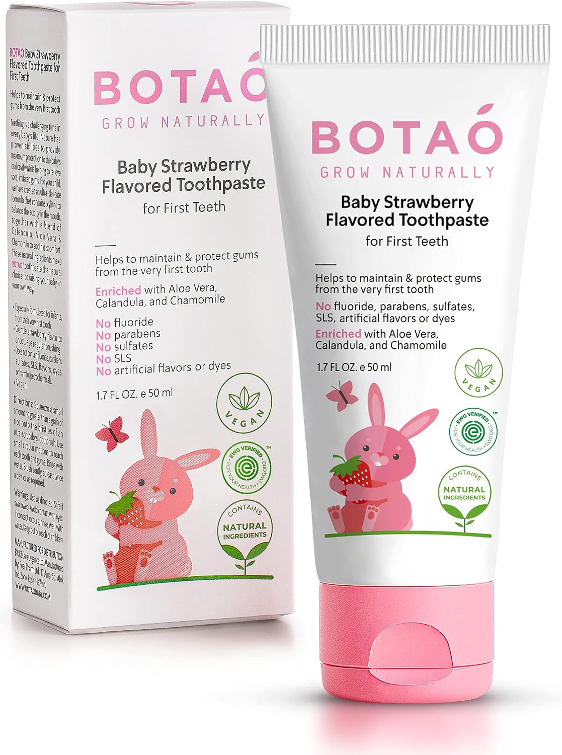 BOTAO Fluoride Free Baby Toothpaste | Strawberry Flavored – Organic Training Natural Toddler Toothpaste for Toddlers | EWG Verified, Vegan, SLS Free, Safe to Swallow, Aloe Vera -1.7Oz