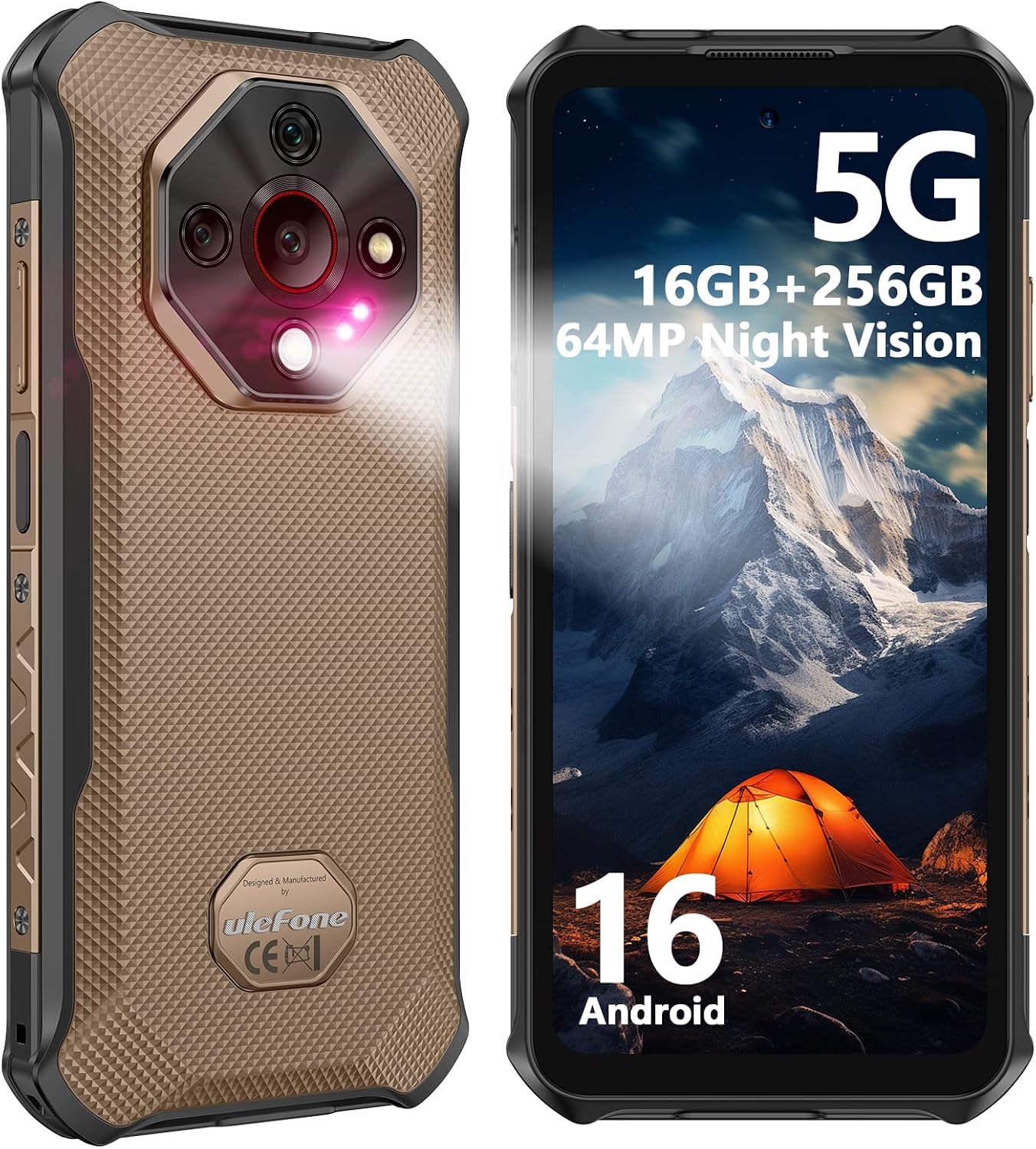 Ulefone Armor X16 Pro 5G Rugged Smartphone, 16GB+256GB MTK Dimensity 6300 Android 16, 64MP+25MP Main Camera, 10360mAh, 6.56″ 120Hz Corning Gorilla Screen, IP68/69K Waterproof, Widevine L1 – Sand Dune