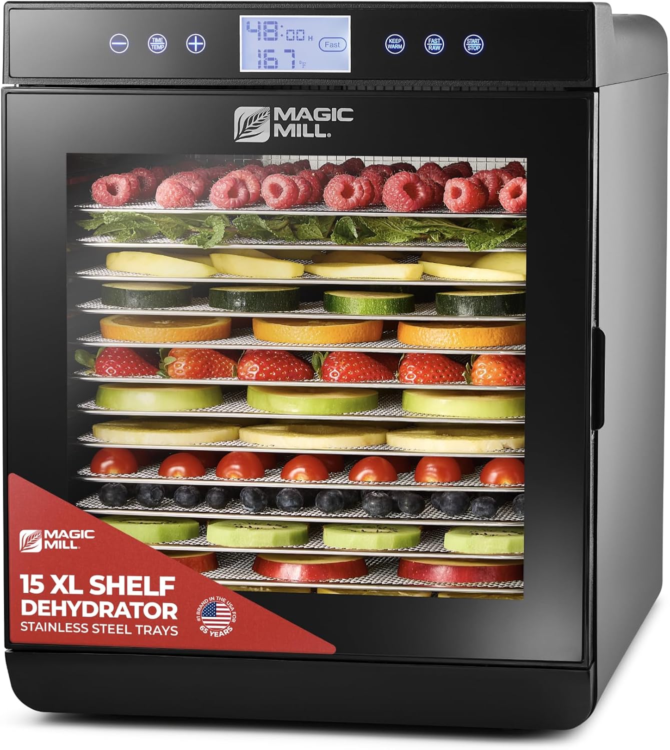 Magic Mill Premium Food Dehydrator Machine (15 Extra-Large Stainless Steel Trays) 800W Dryer for Beef Jerky, Fruits, Vegetables, Dog Treats, 48 Hour Digital Timer – 95°-167° Temperature Control