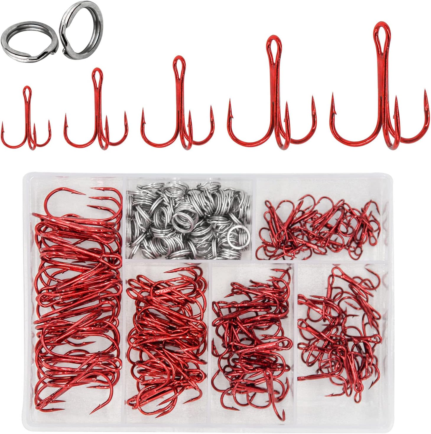 200 Pack Fishing Treble Hooks Kit High Carbon Steel Hooks Strong Sharp Round Bend with Split Rings for Lures Baits Saltwater Freshwater Fishing Size 2# 4# 6# 8# 10#